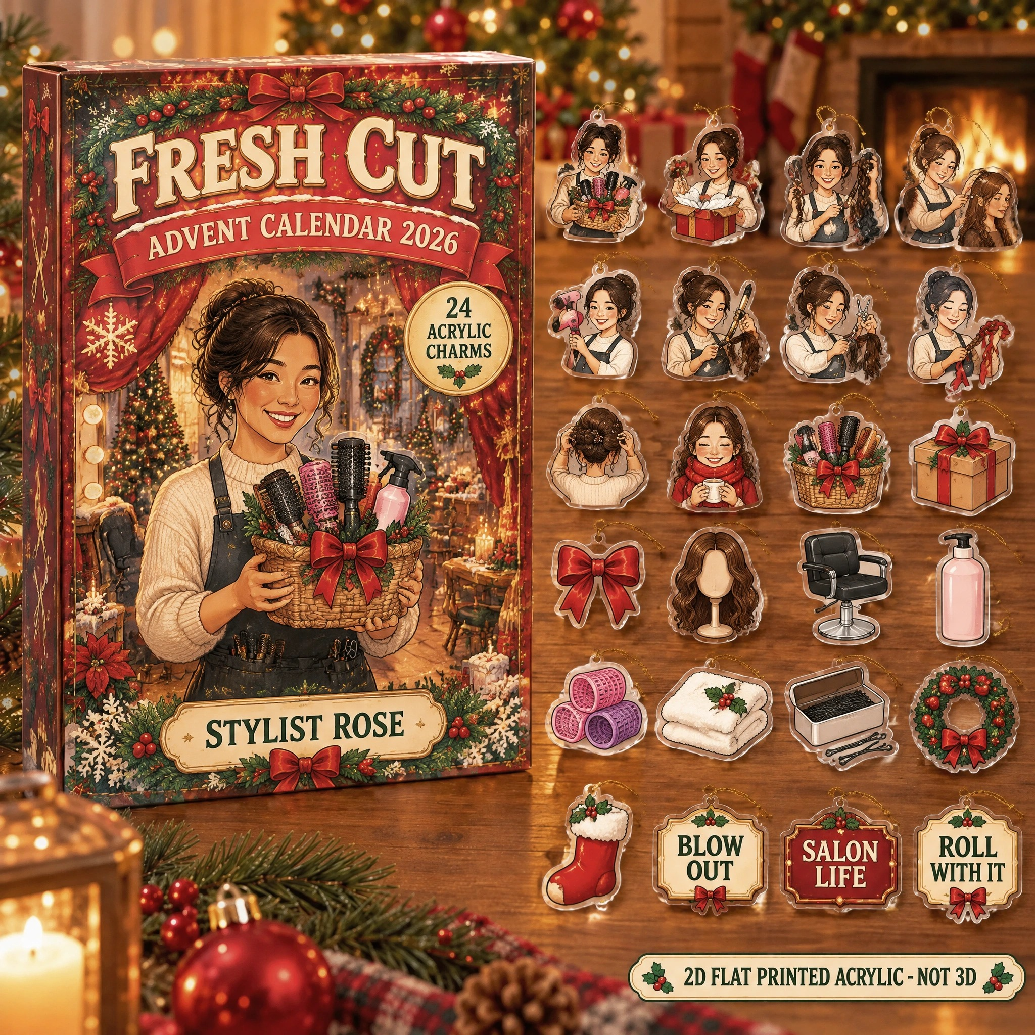 Personalized Hairstylist Survival Kit advent calendar box with 24 flat acrylic Christmas charms