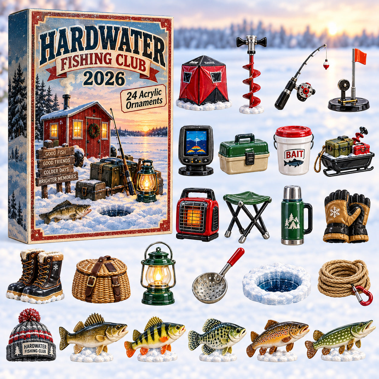 Hardwater Fishing Club advent calendar box with 24 acrylic Christmas charms