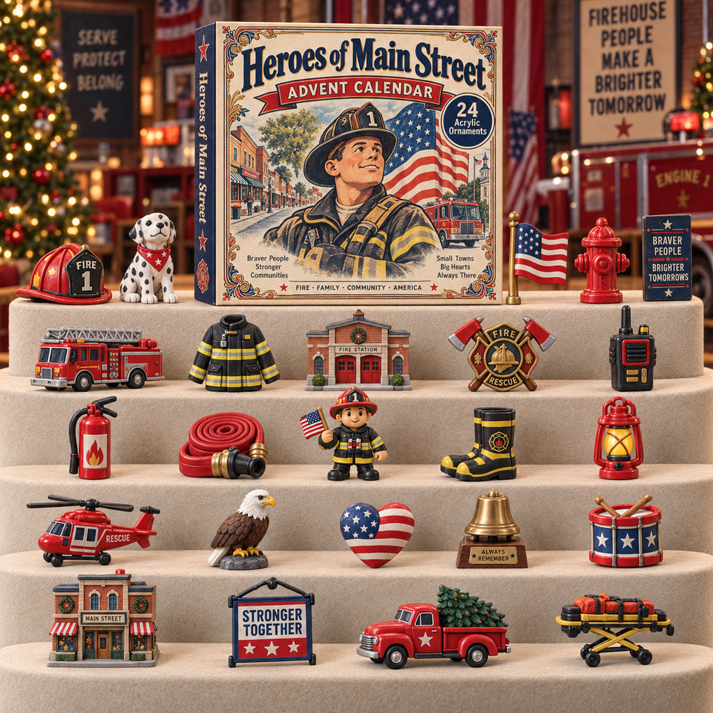Heroes of Main Street advent calendar box with 24 acrylic Christmas charms
