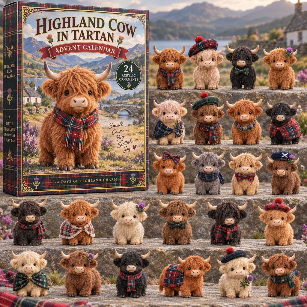 Highland Cow in Tartan advent calendar box with 24 acrylic Christmas charms