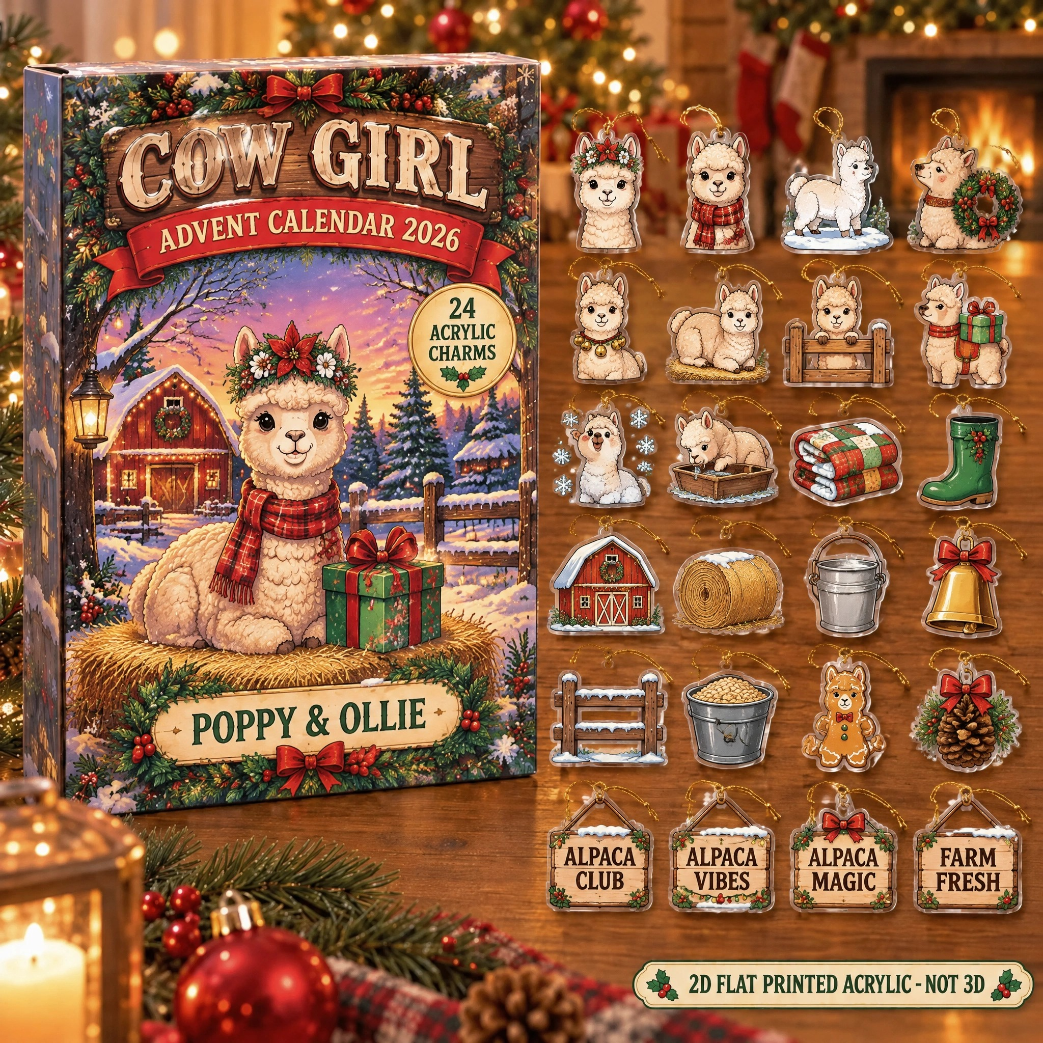 Personalized Alpaca Lover advent calendar box with 24 flat acrylic Christmas charms