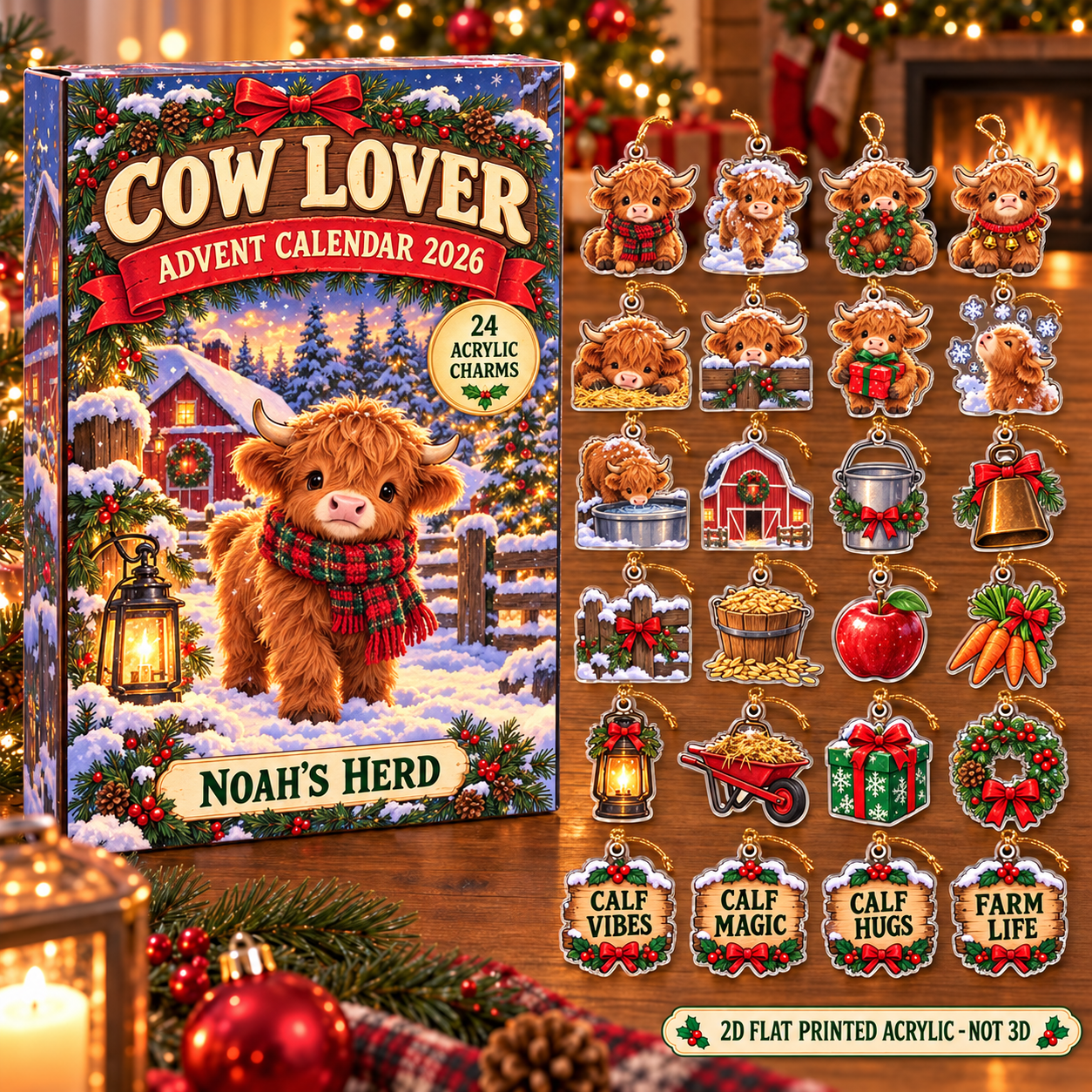 Personalized Baby Highland Calf Lover advent calendar box with 24 flat acrylic Christmas charms