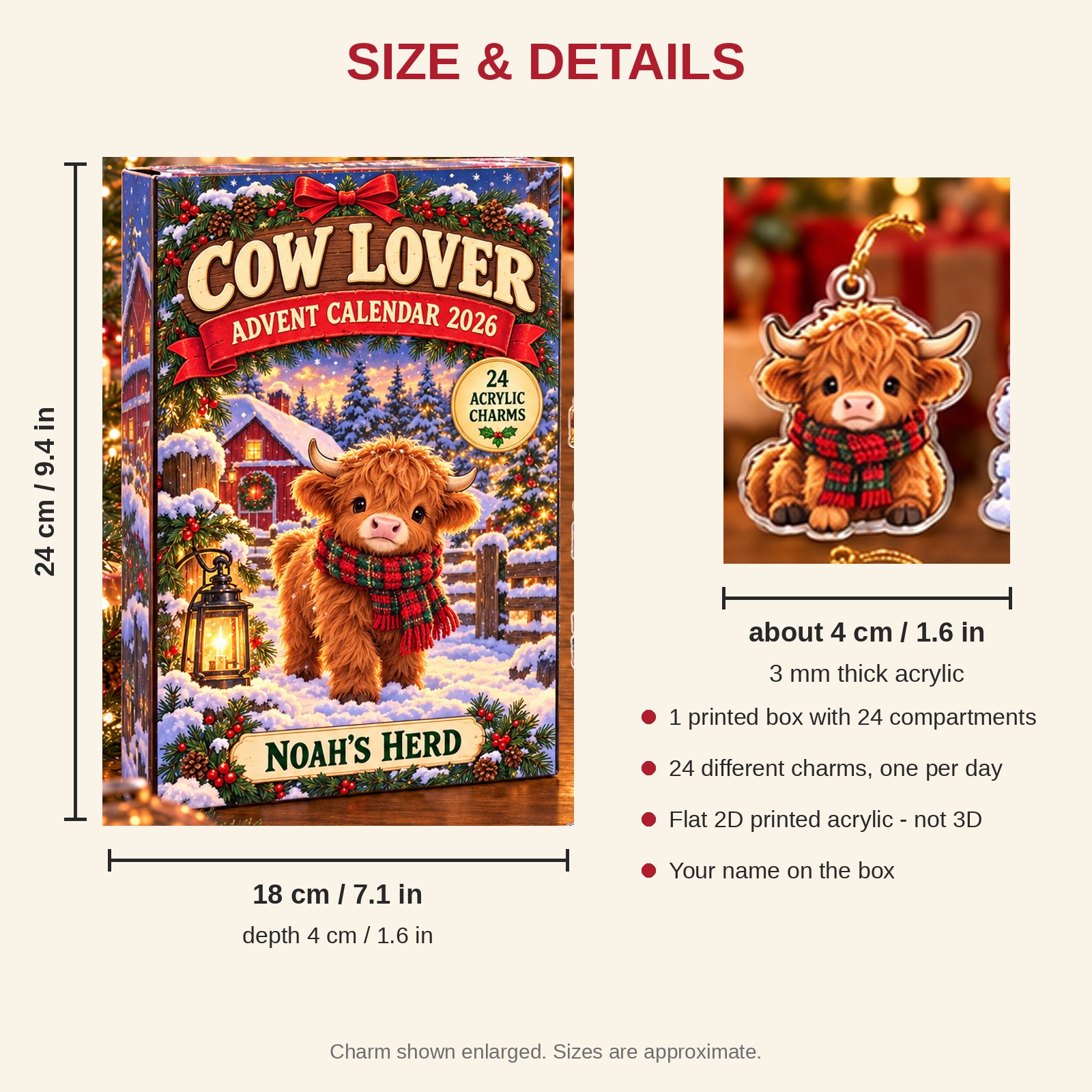 Personalized Baby Highland Calf Lover advent calendar box with 24 flat acrylic Christmas charms: box and charm sizes