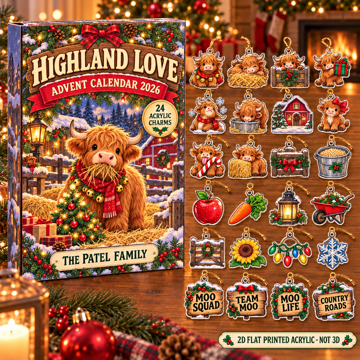 Personalized Cow Lover advent calendar box with 24 flat acrylic Christmas charms