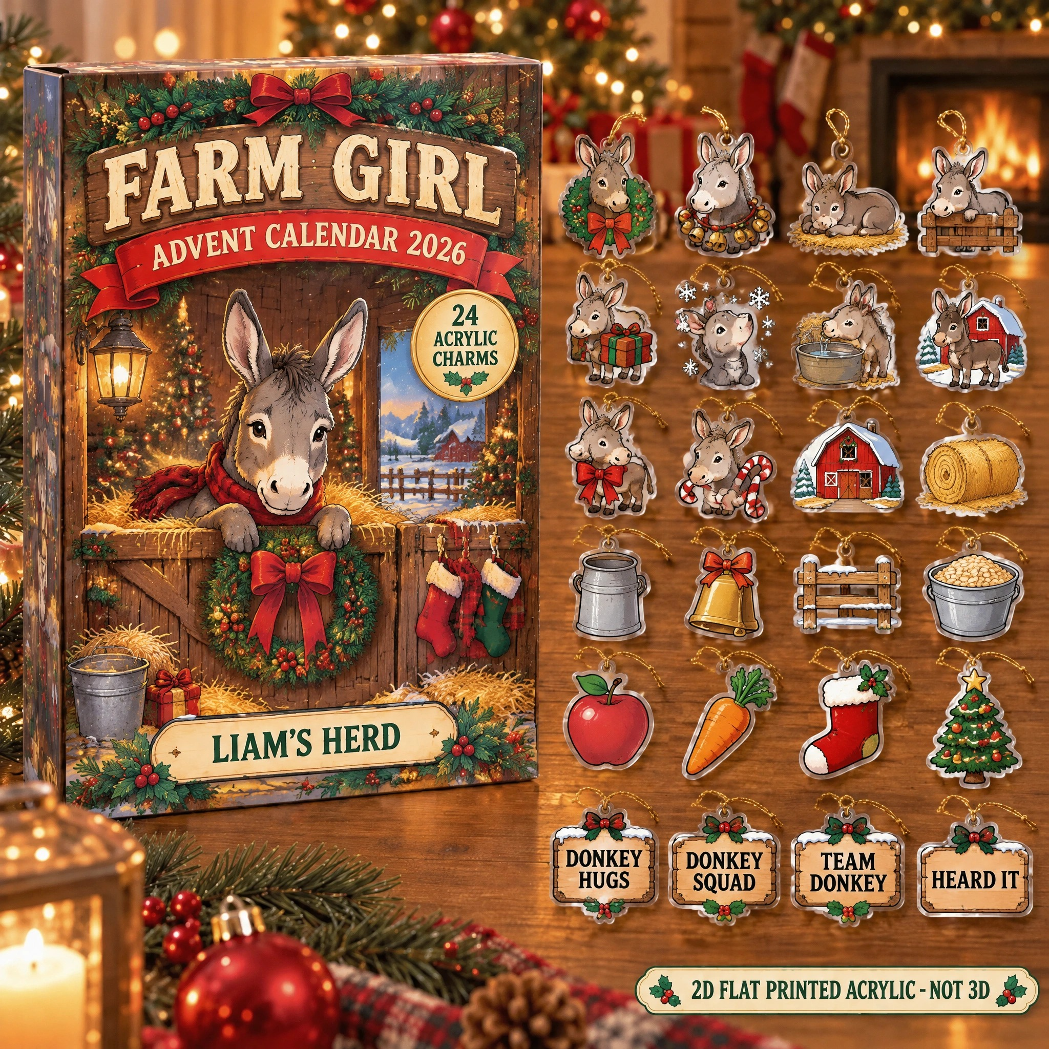 Personalized Donkey Lover advent calendar box with 24 flat acrylic Christmas charms
