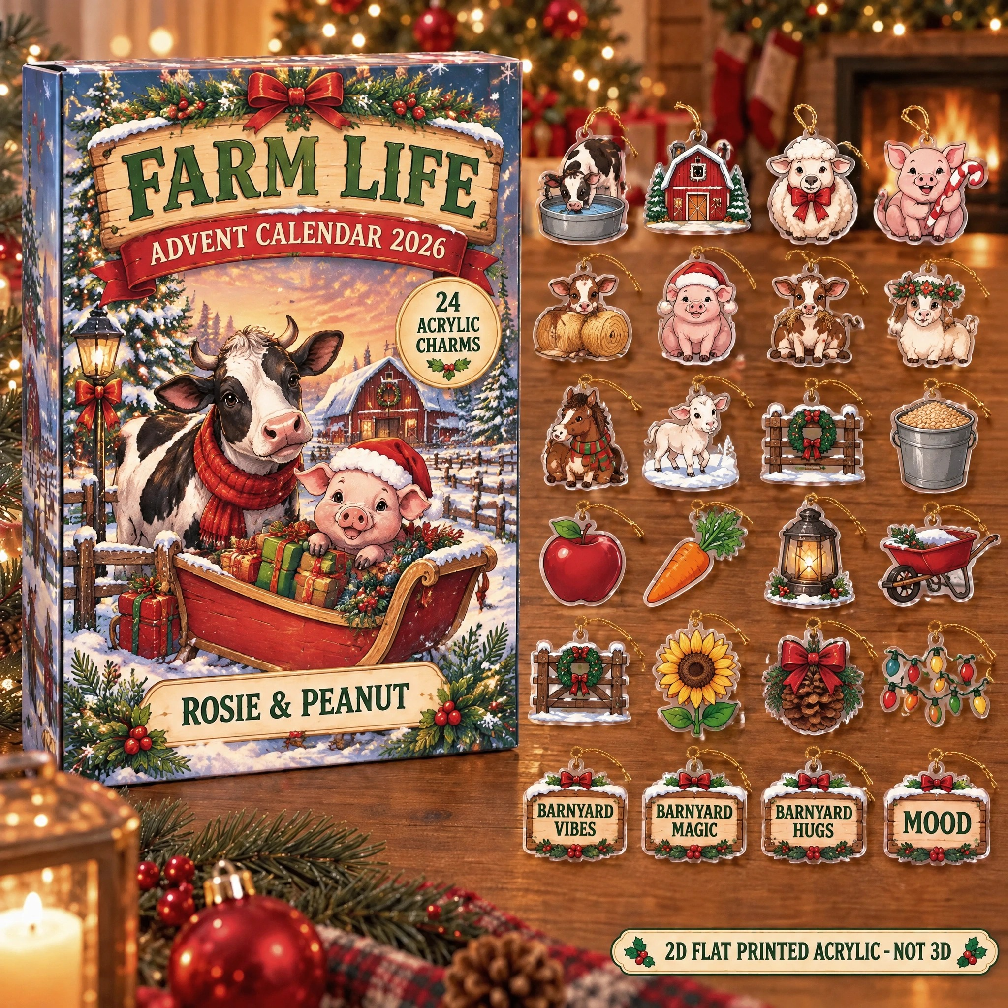Personalized Farm Animal Lover advent calendar box with 24 flat acrylic Christmas charms