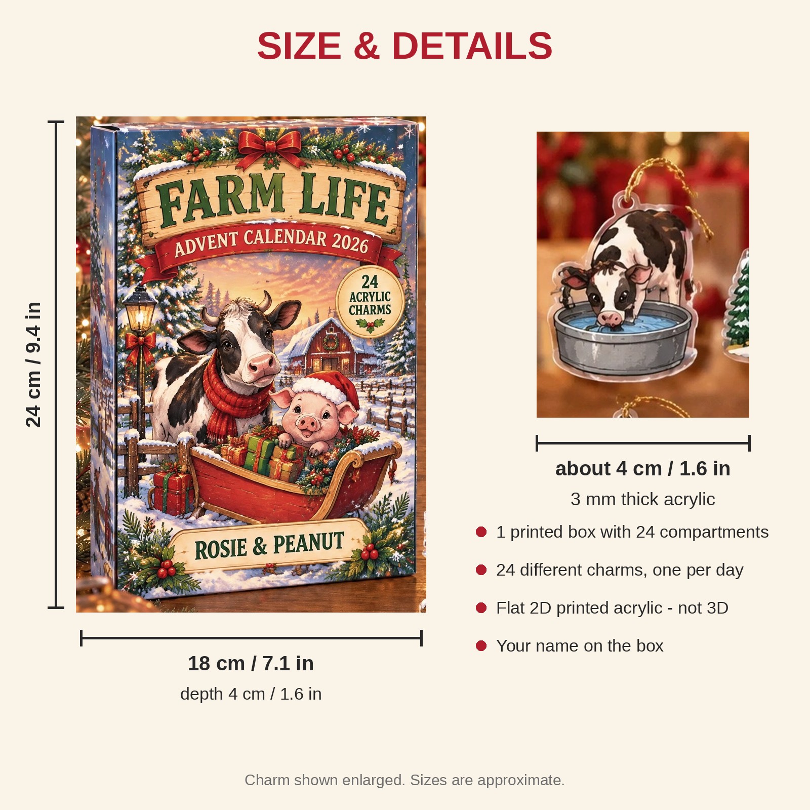 Personalized Farm Animal Lover advent calendar box with 24 flat acrylic Christmas charms: box and charm sizes