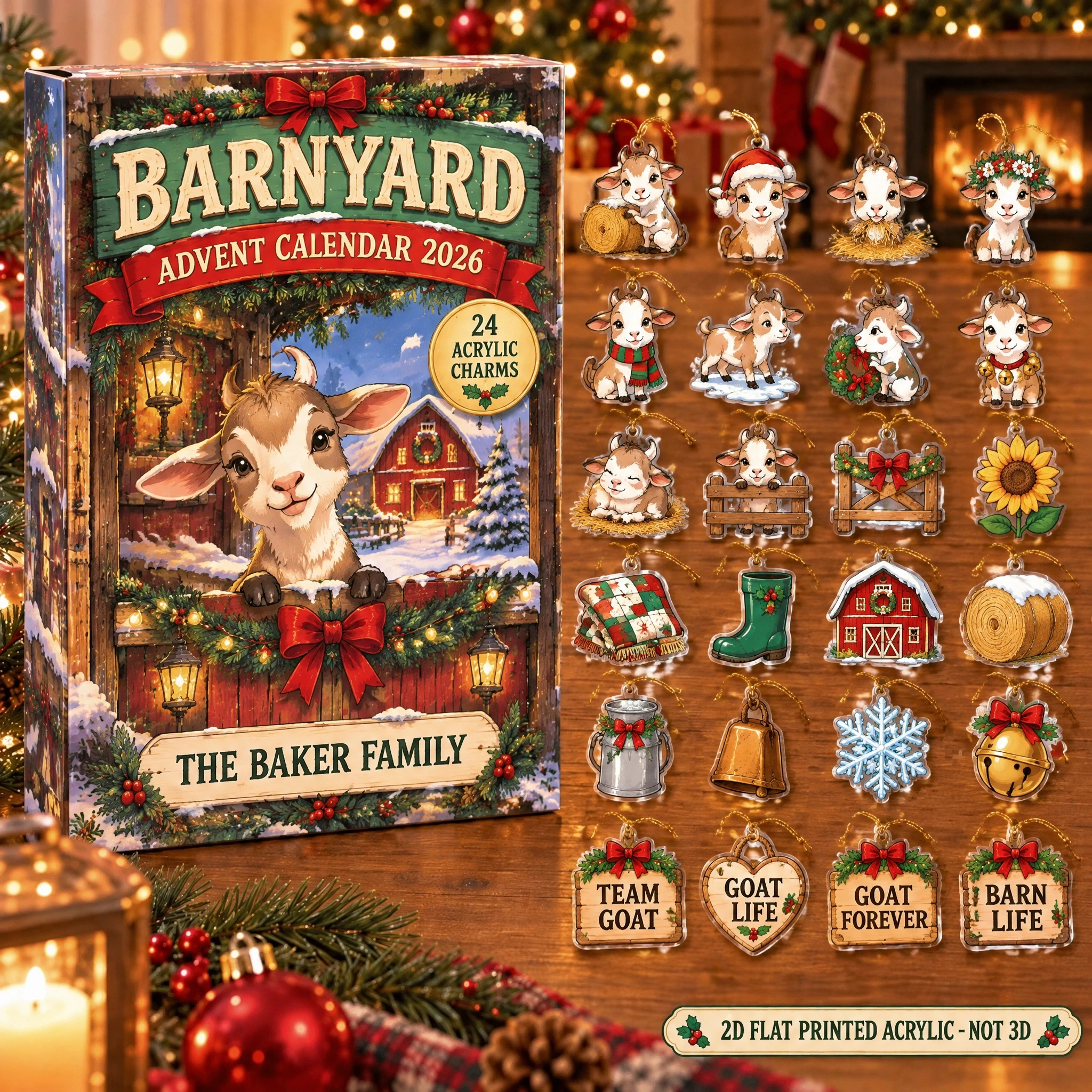 Personalized Goat Lover advent calendar box with 24 flat acrylic Christmas charms