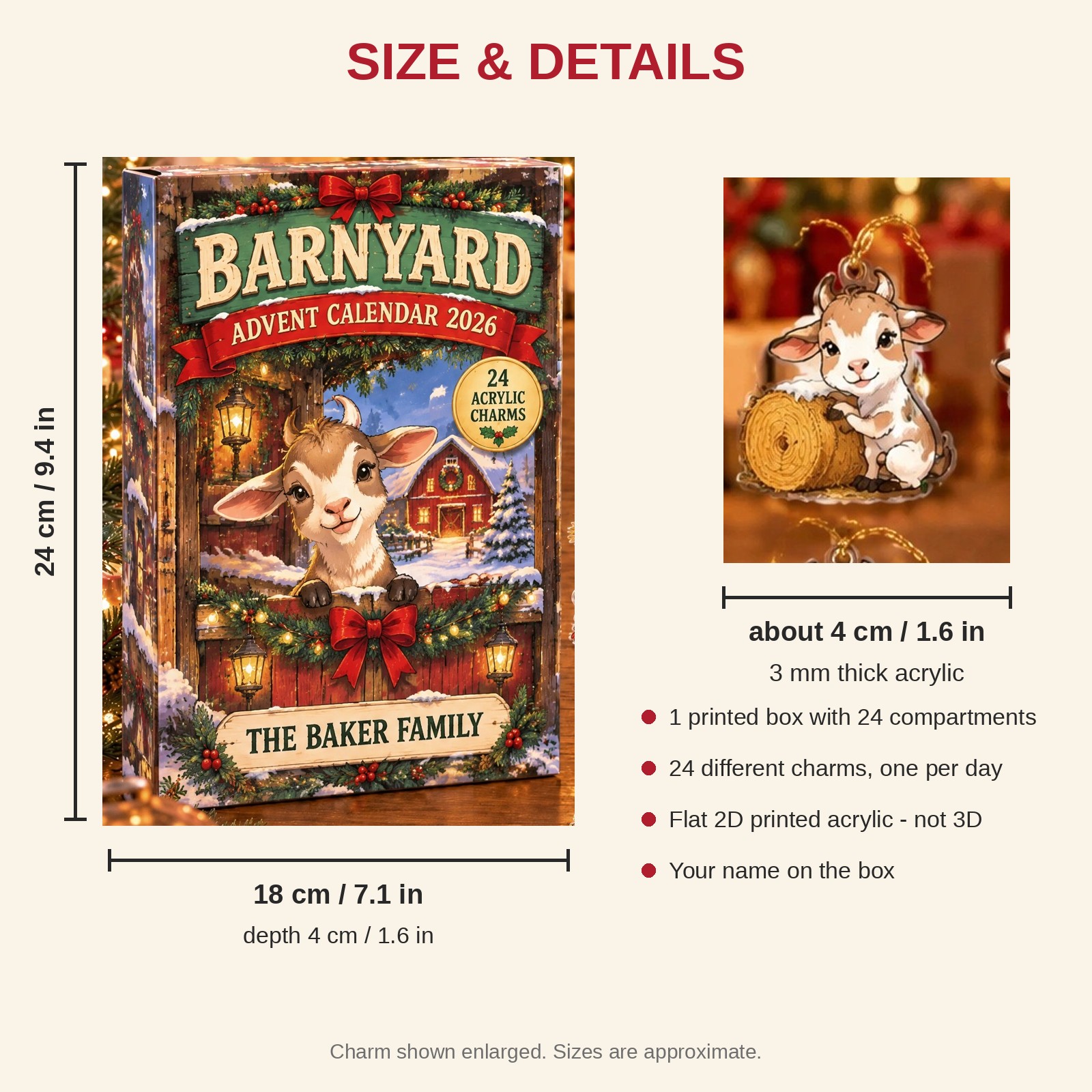 Personalized Goat Lover advent calendar box with 24 flat acrylic Christmas charms: box and charm sizes