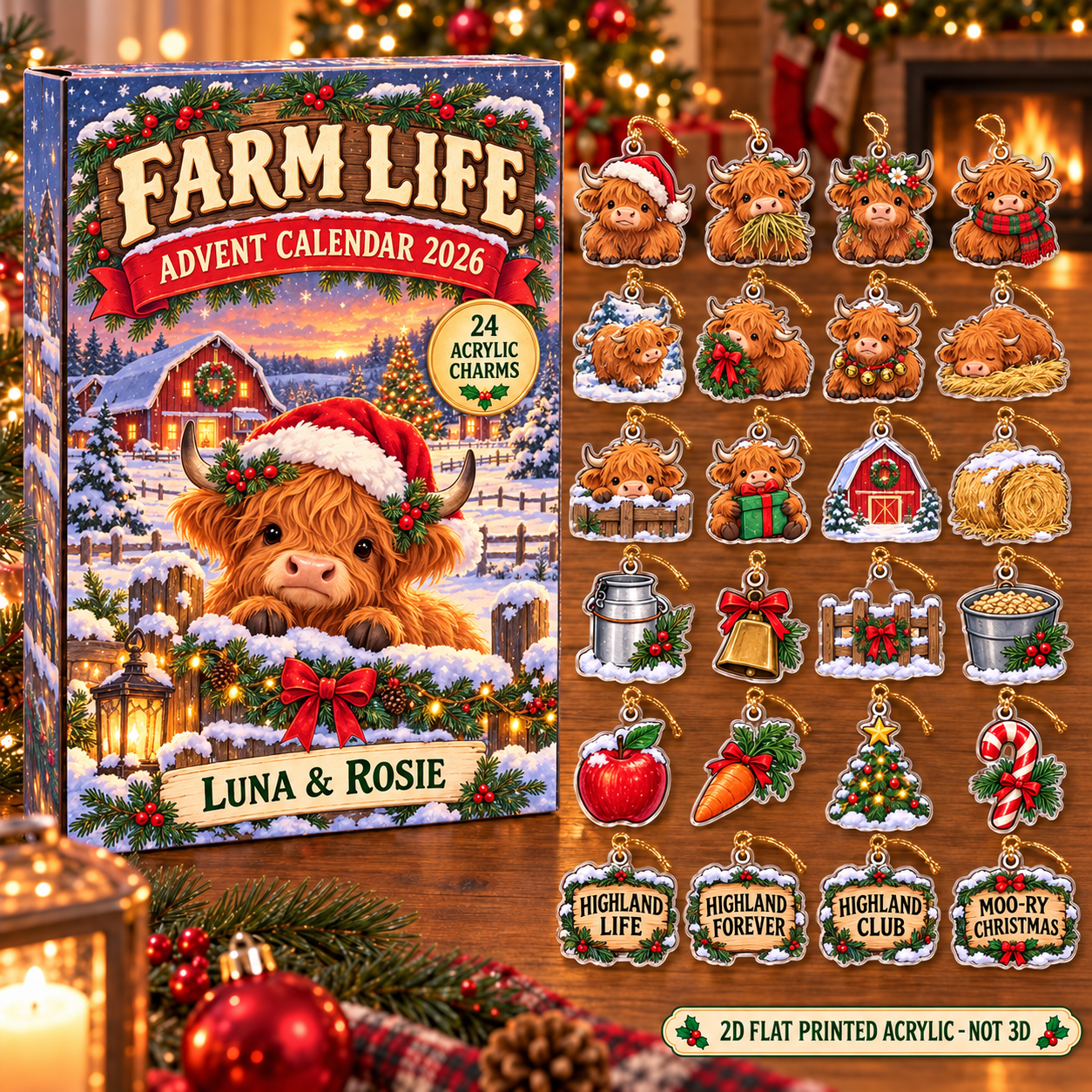 Personalized Highland Cow Lover advent calendar box with 24 flat acrylic Christmas charms