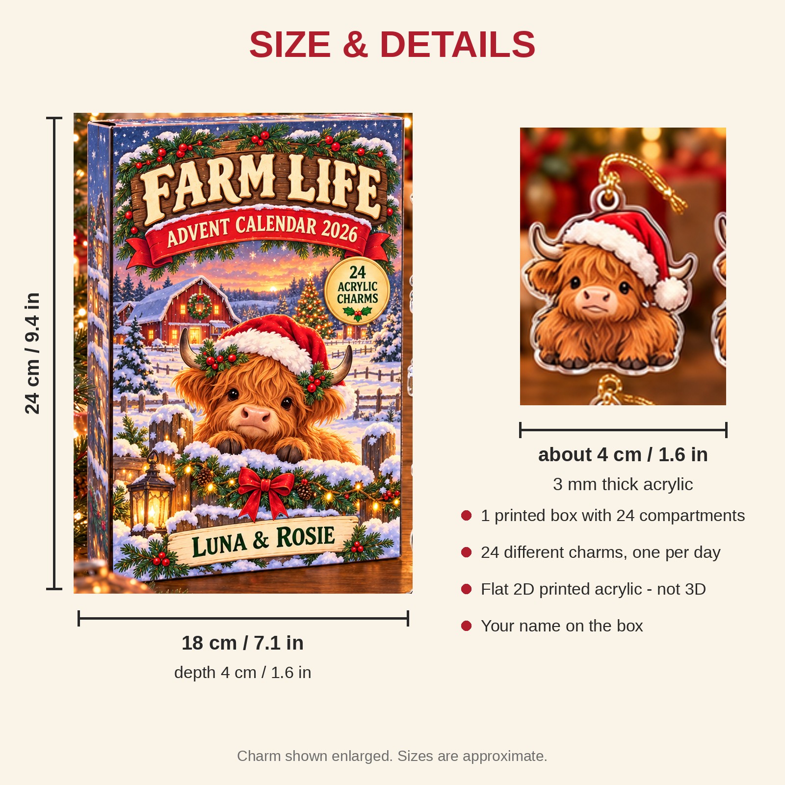 Personalized Highland Cow Lover advent calendar box with 24 flat acrylic Christmas charms: box and charm sizes