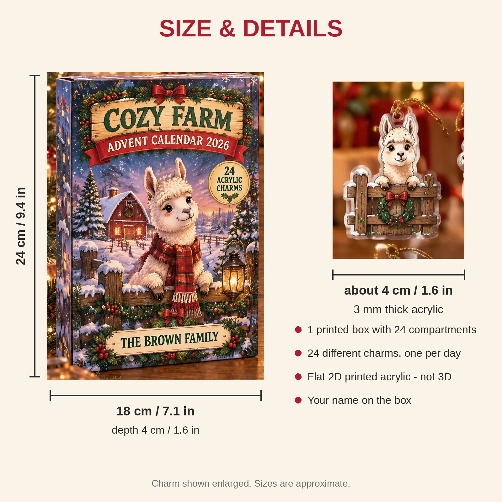 Personalized Llama Lover advent calendar box with 24 flat acrylic Christmas charms: box and charm sizes