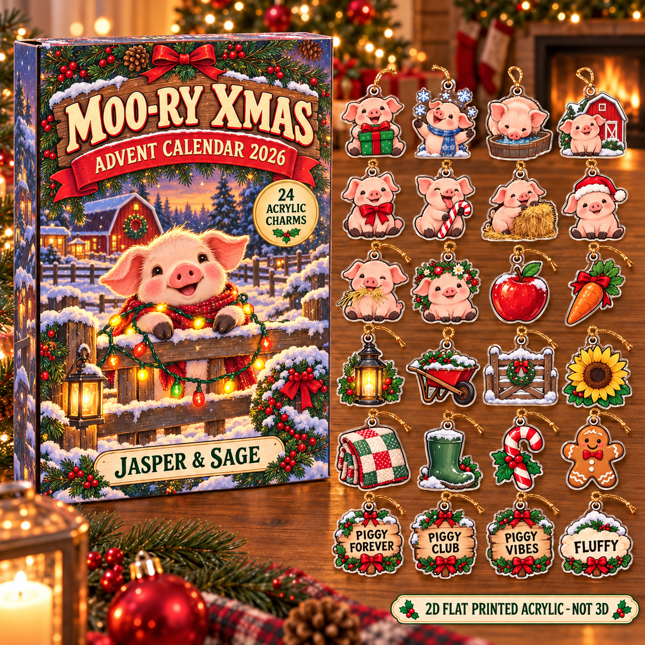Personalized Pig Lover advent calendar box with 24 flat acrylic Christmas charms