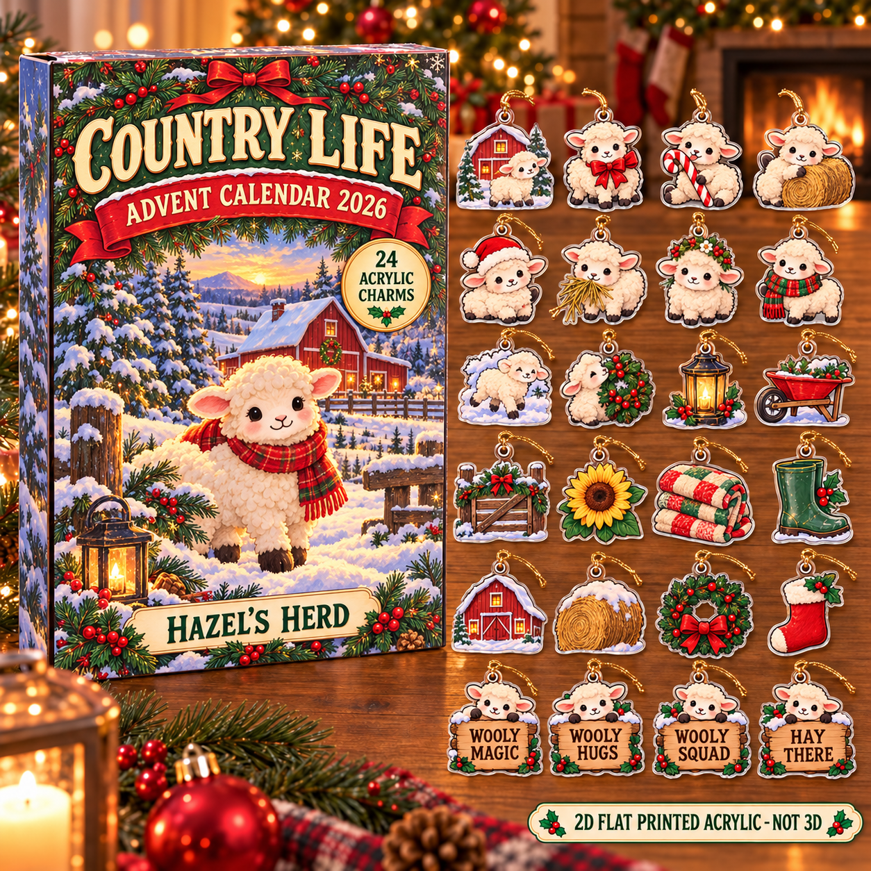 Personalized Sheep Lover advent calendar box with 24 flat acrylic Christmas charms