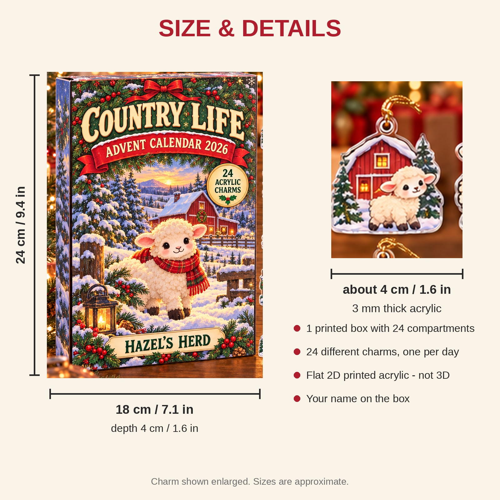 Personalized Sheep Lover advent calendar box with 24 flat acrylic Christmas charms: box and charm sizes