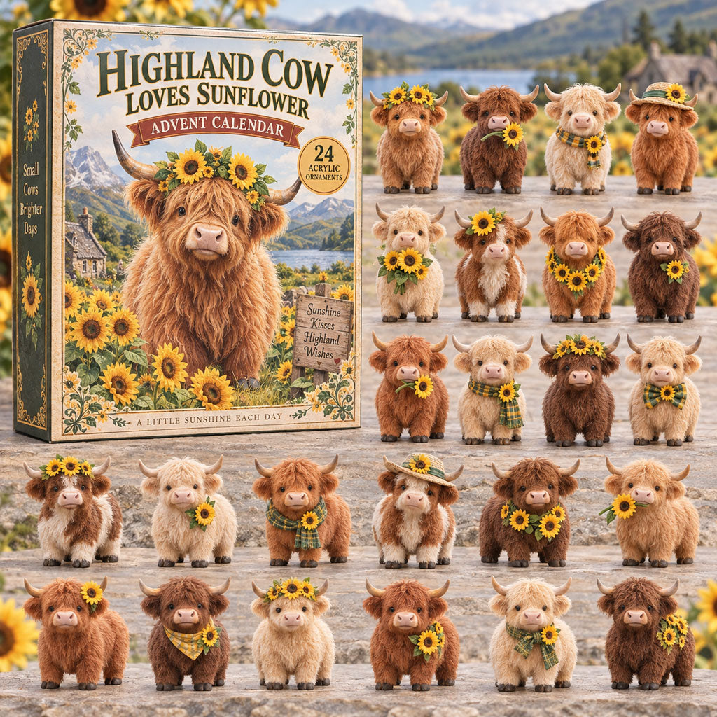 Highland Cow Loves Sunflower advent calendar box with 24 acrylic Christmas charms