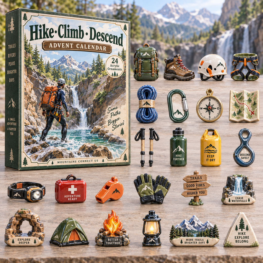 Hike Climp Descend advent calendar box with 24 acrylic Christmas charms