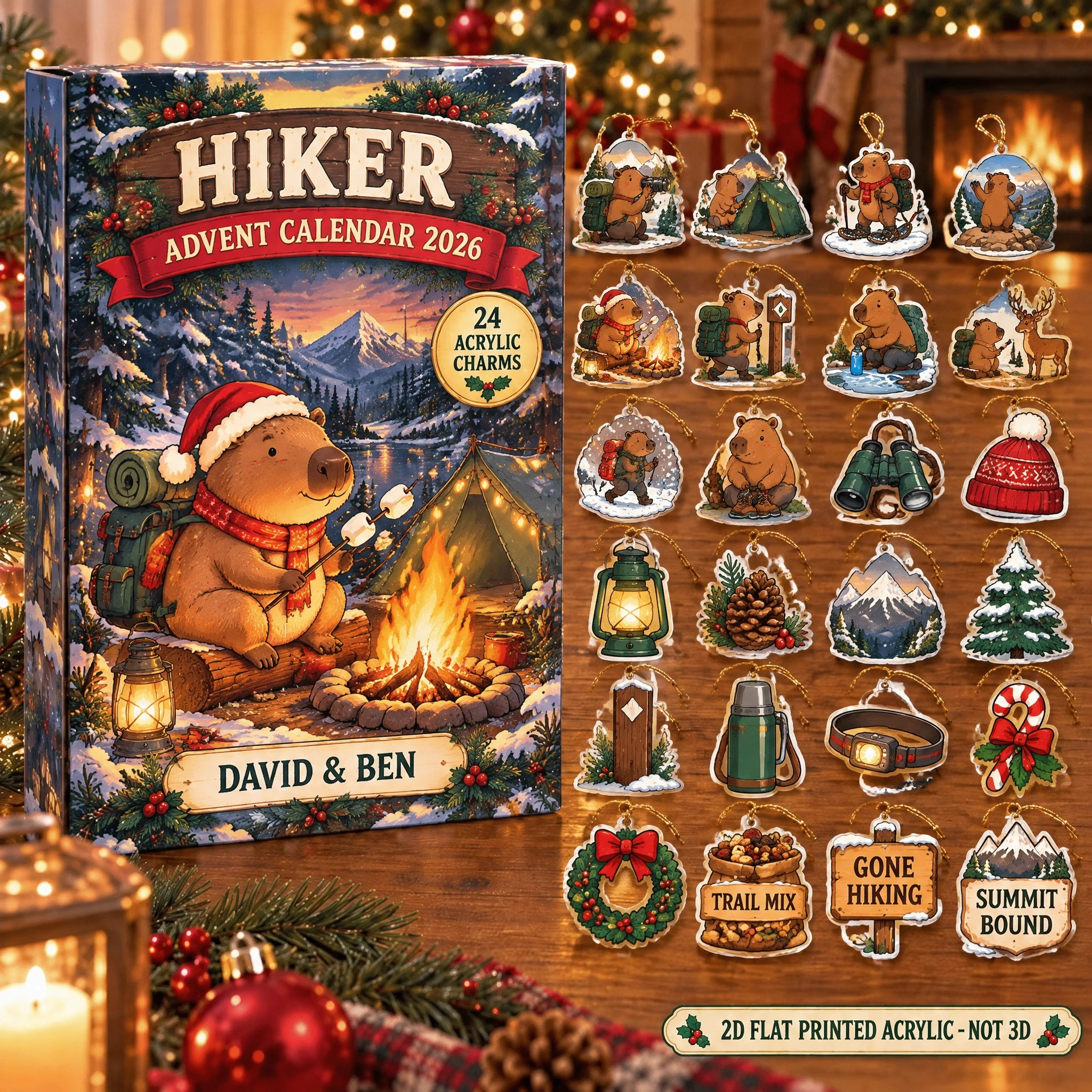 Personalized Hiking Capybara advent calendar box with 24 flat acrylic Christmas charms