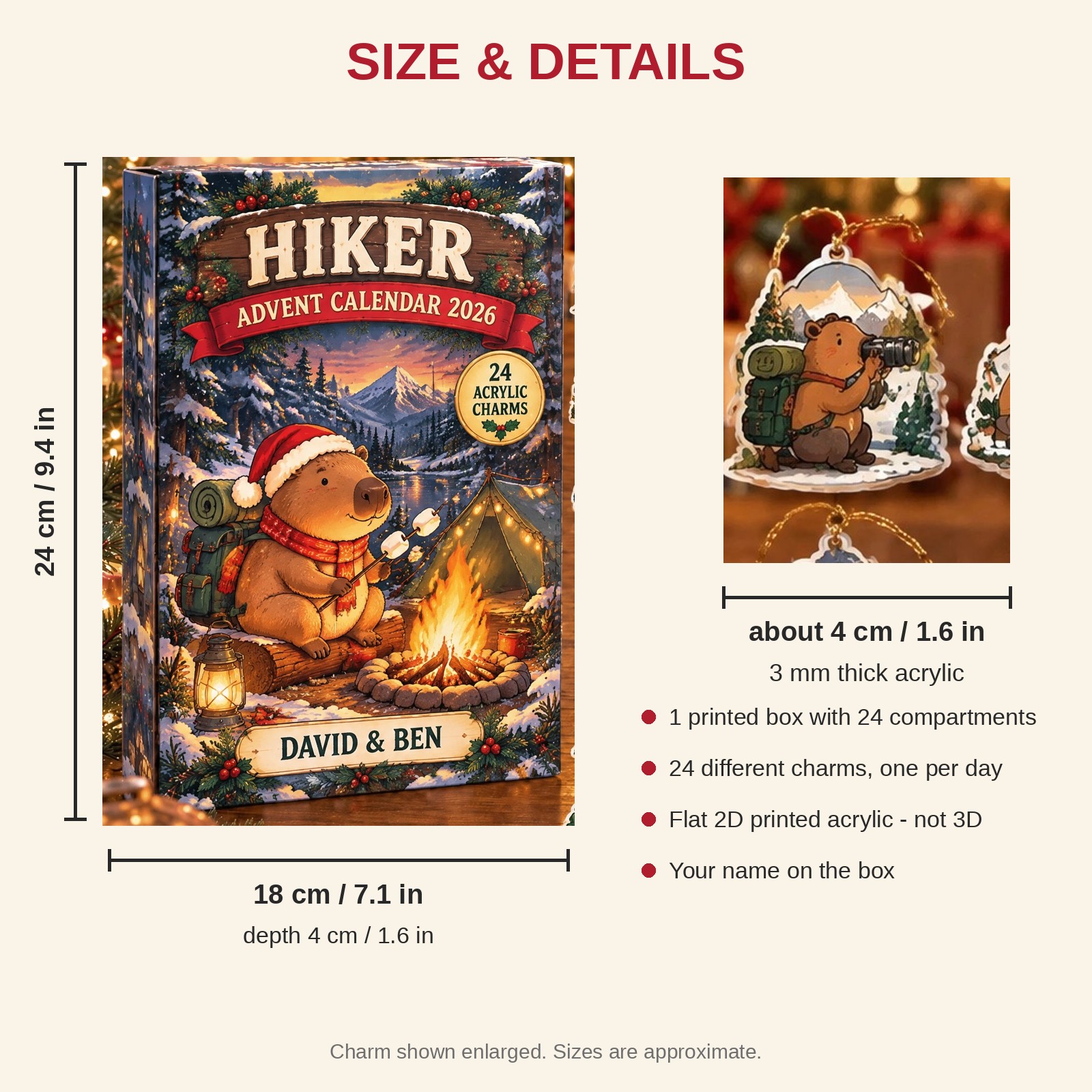 Personalized Hiking Capybara advent calendar box with 24 flat acrylic Christmas charms: box and charm sizes