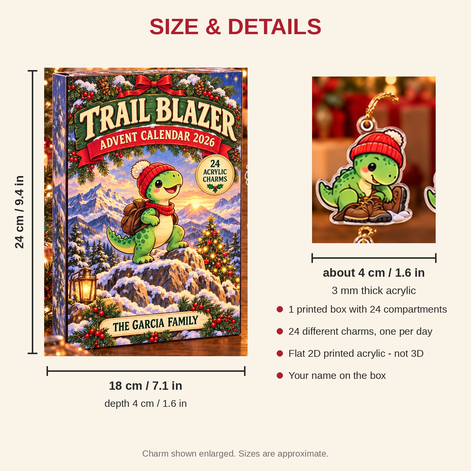 Personalized Hiking Dinosaur advent calendar box with 24 flat acrylic Christmas charms: box and charm sizes