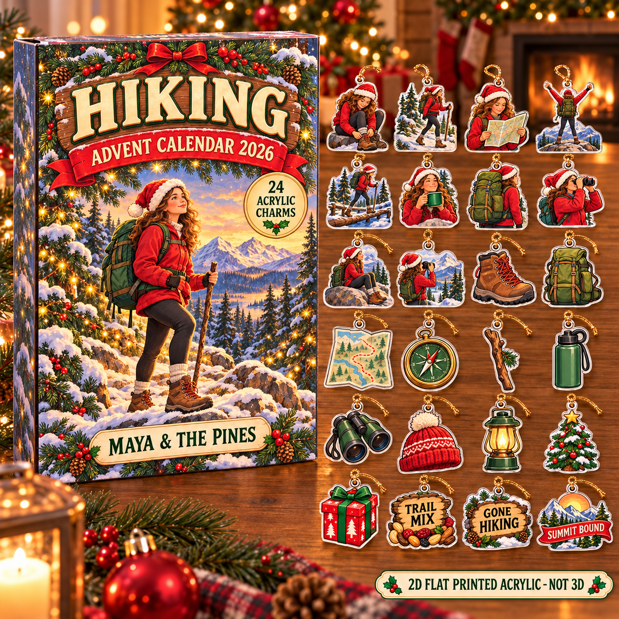 Personalized Hiking Essentials advent calendar box with 24 flat acrylic Christmas charms