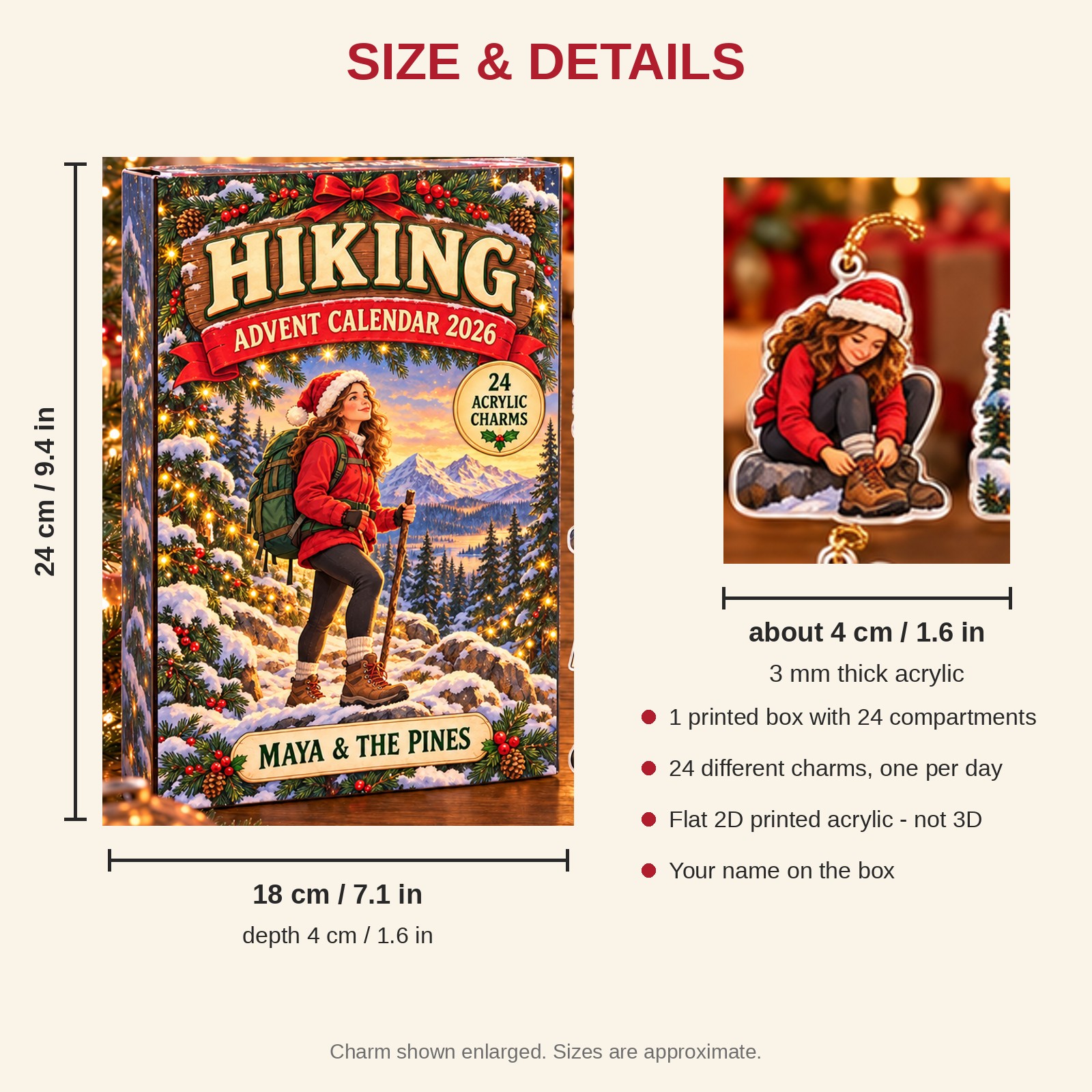 Personalized Hiking Essentials advent calendar box with 24 flat acrylic Christmas charms: box and charm sizes
