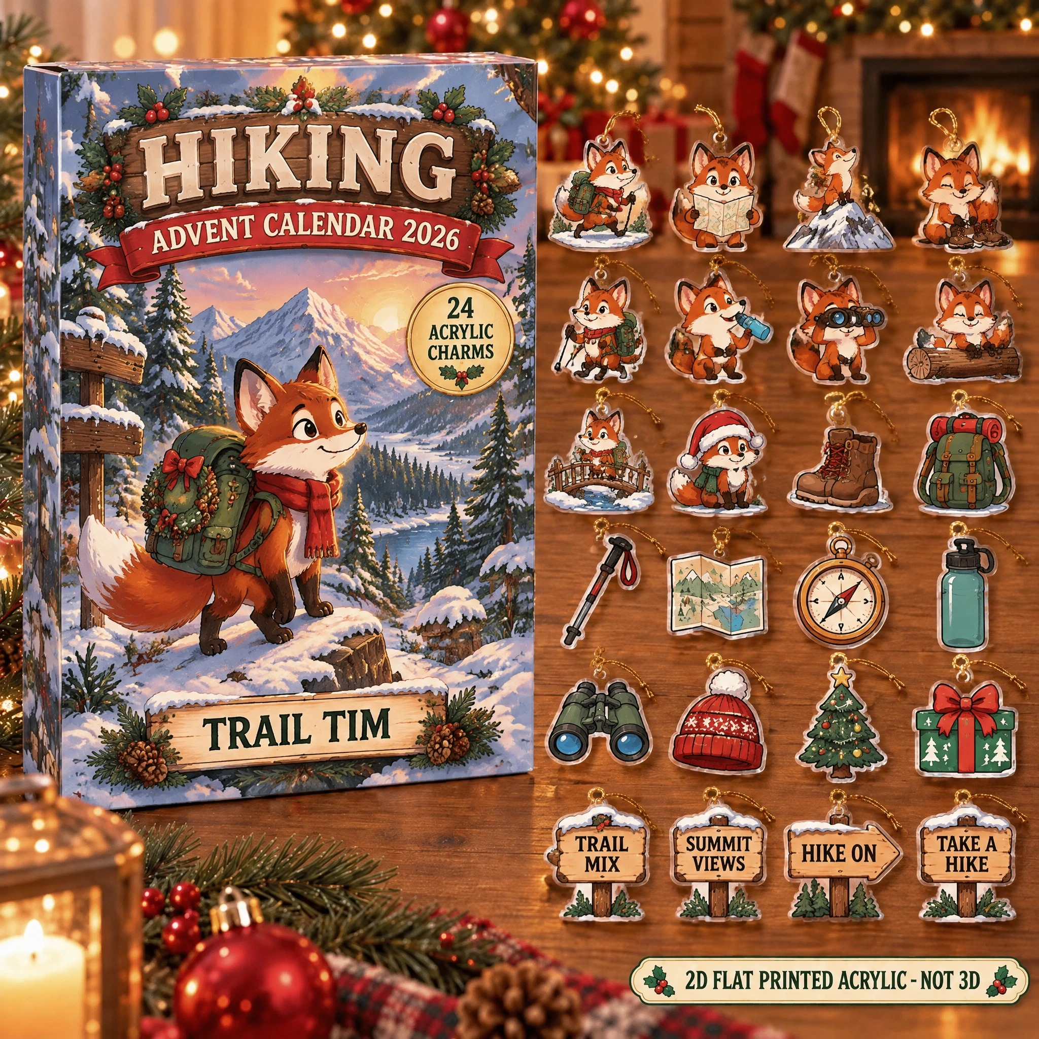 Personalized Hiking Fox advent calendar box with 24 flat acrylic Christmas charms
