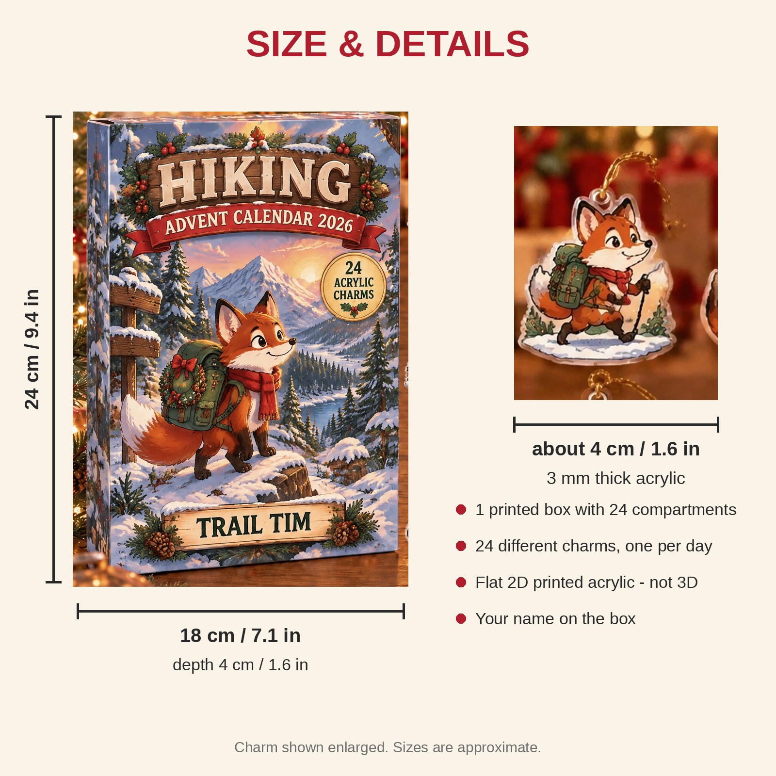 Personalized Hiking Fox advent calendar box with 24 flat acrylic Christmas charms: box and charm sizes