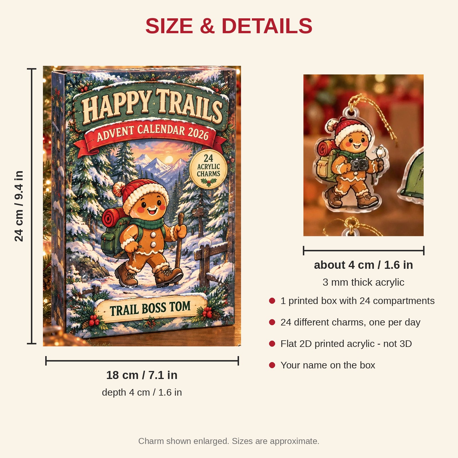 Personalized Hiking Gingerbread advent calendar box with 24 flat acrylic Christmas charms: box and charm sizes