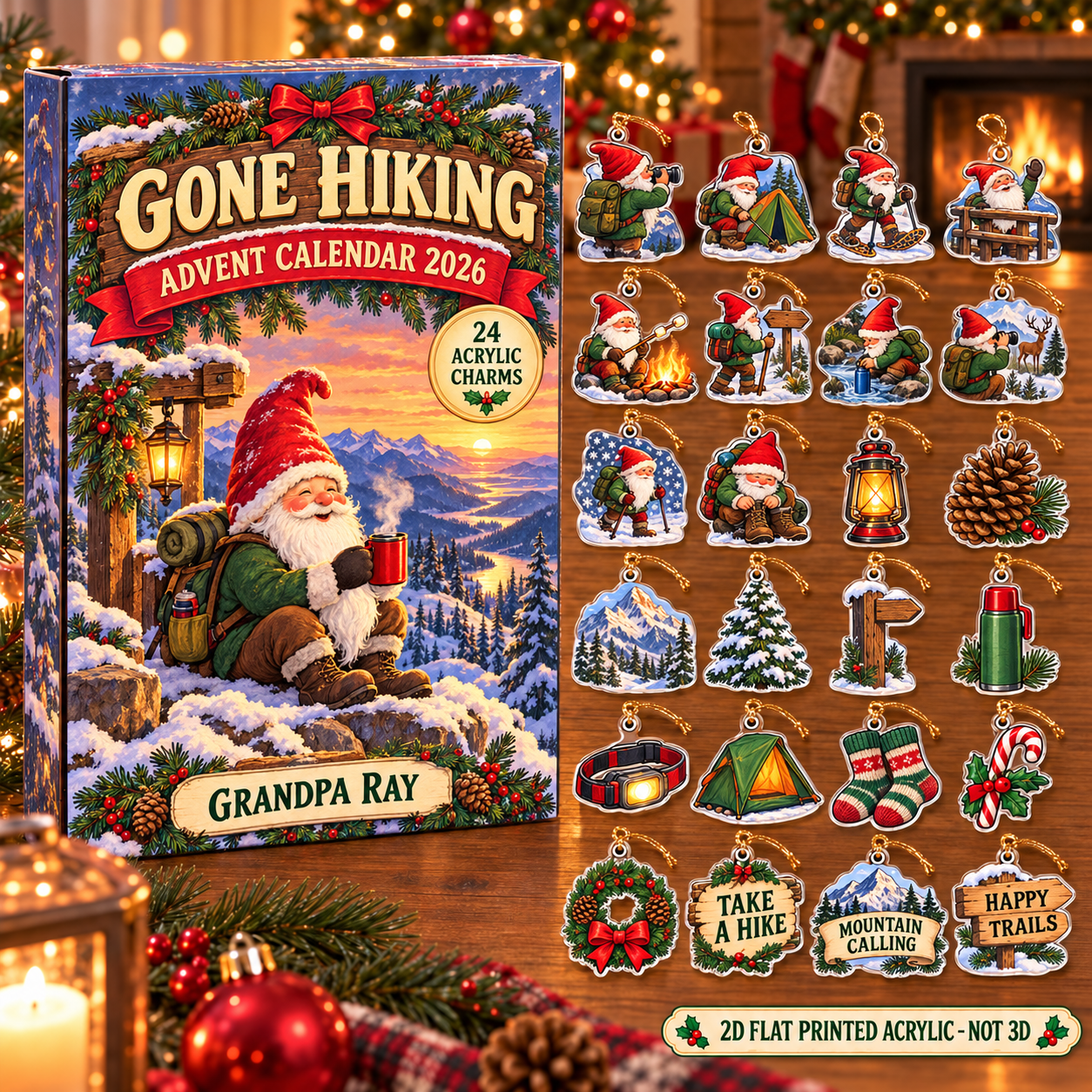 Personalized Hiking Gnome advent calendar box with 24 flat acrylic Christmas charms