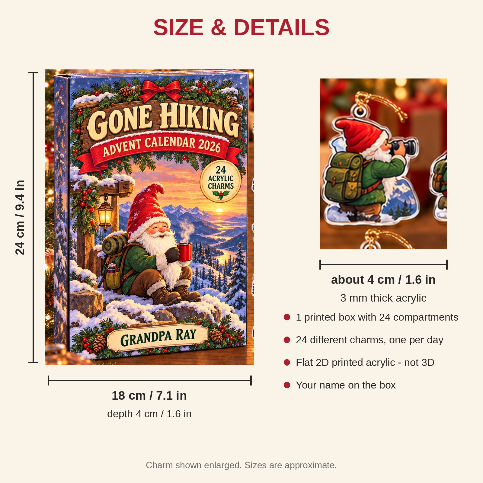 Personalized Hiking Gnome advent calendar box with 24 flat acrylic Christmas charms: box and charm sizes