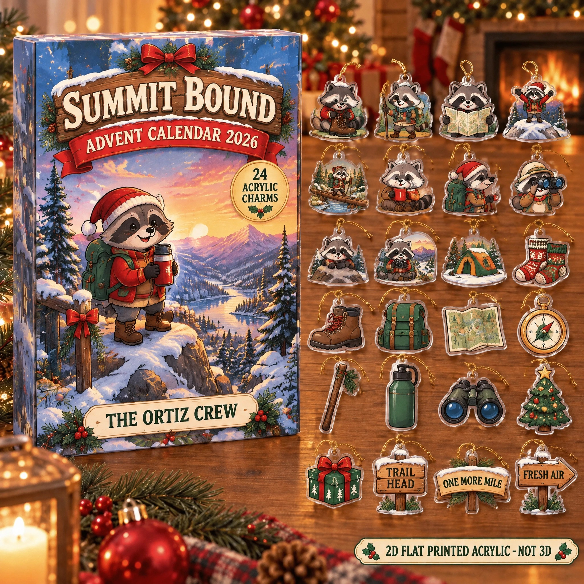 Personalized Hiking Raccoon advent calendar box with 24 flat acrylic Christmas charms