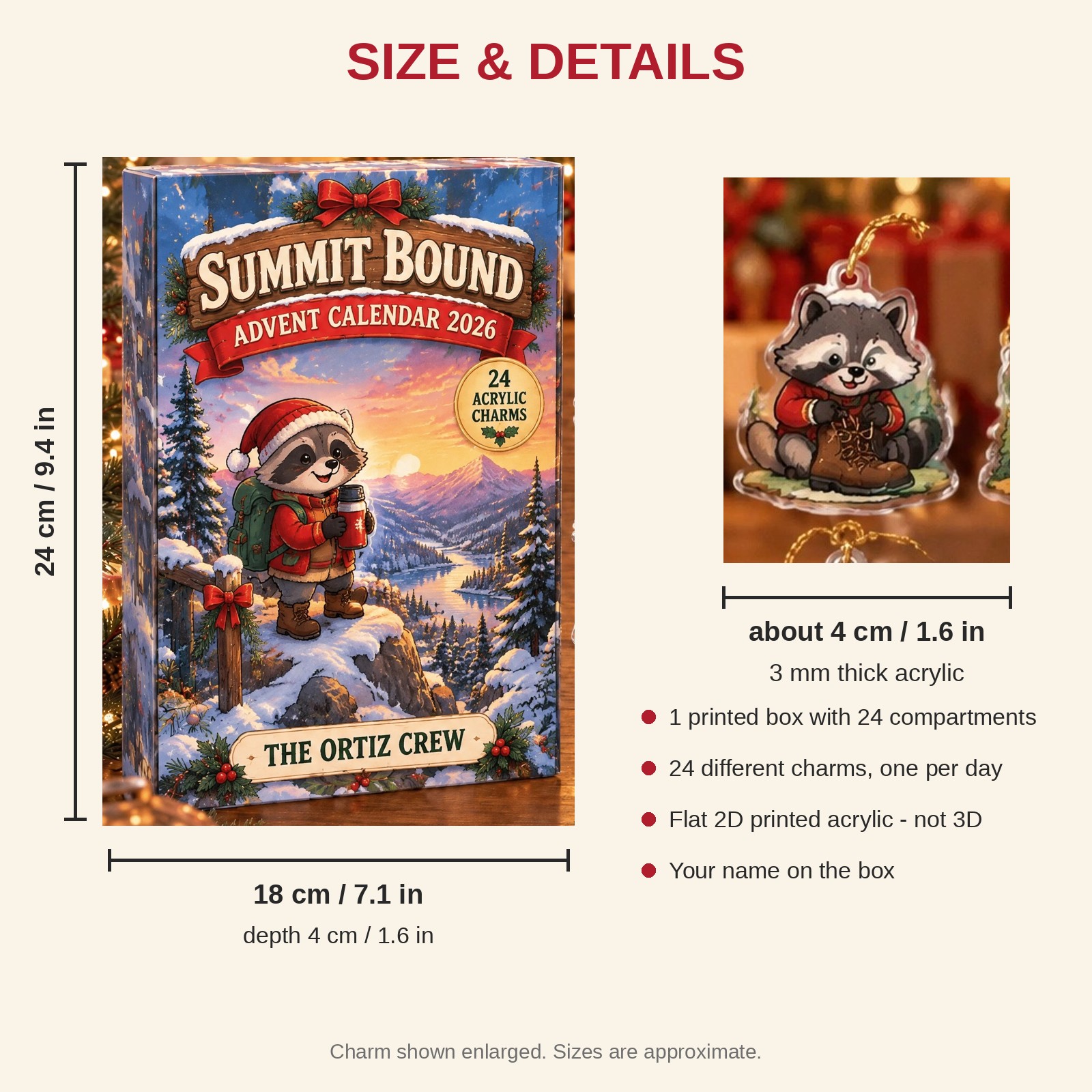 Personalized Hiking Raccoon advent calendar box with 24 flat acrylic Christmas charms: box and charm sizes