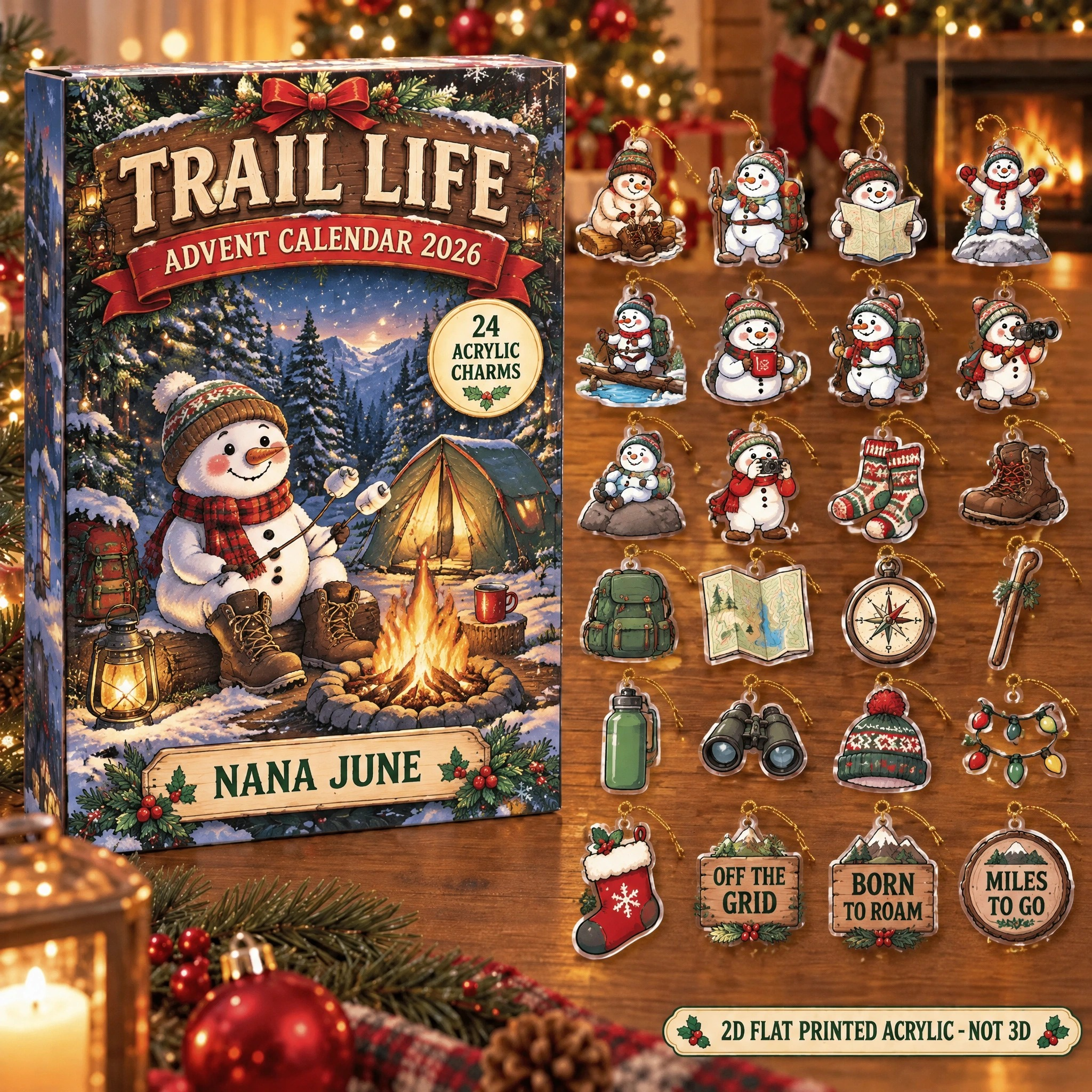 Personalized Hiking Snowman advent calendar box with 24 flat acrylic Christmas charms