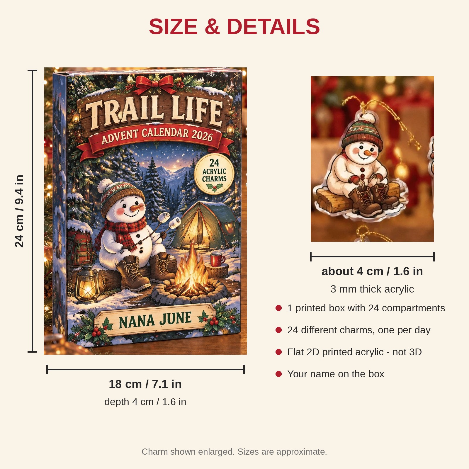 Personalized Hiking Snowman advent calendar box with 24 flat acrylic Christmas charms: box and charm sizes
