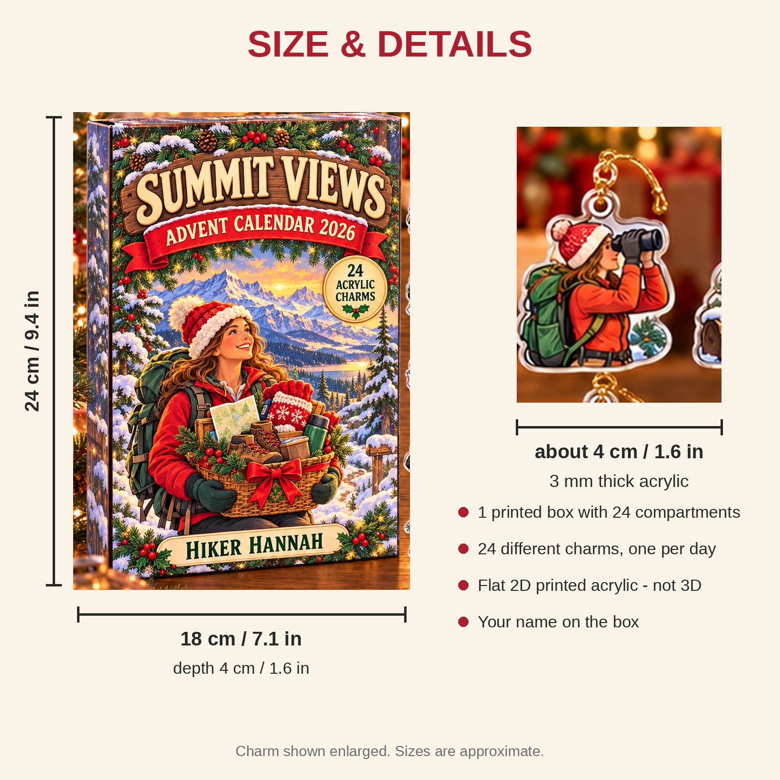 Personalized Hiking Survival Kit advent calendar box with 24 flat acrylic Christmas charms: box and charm sizes