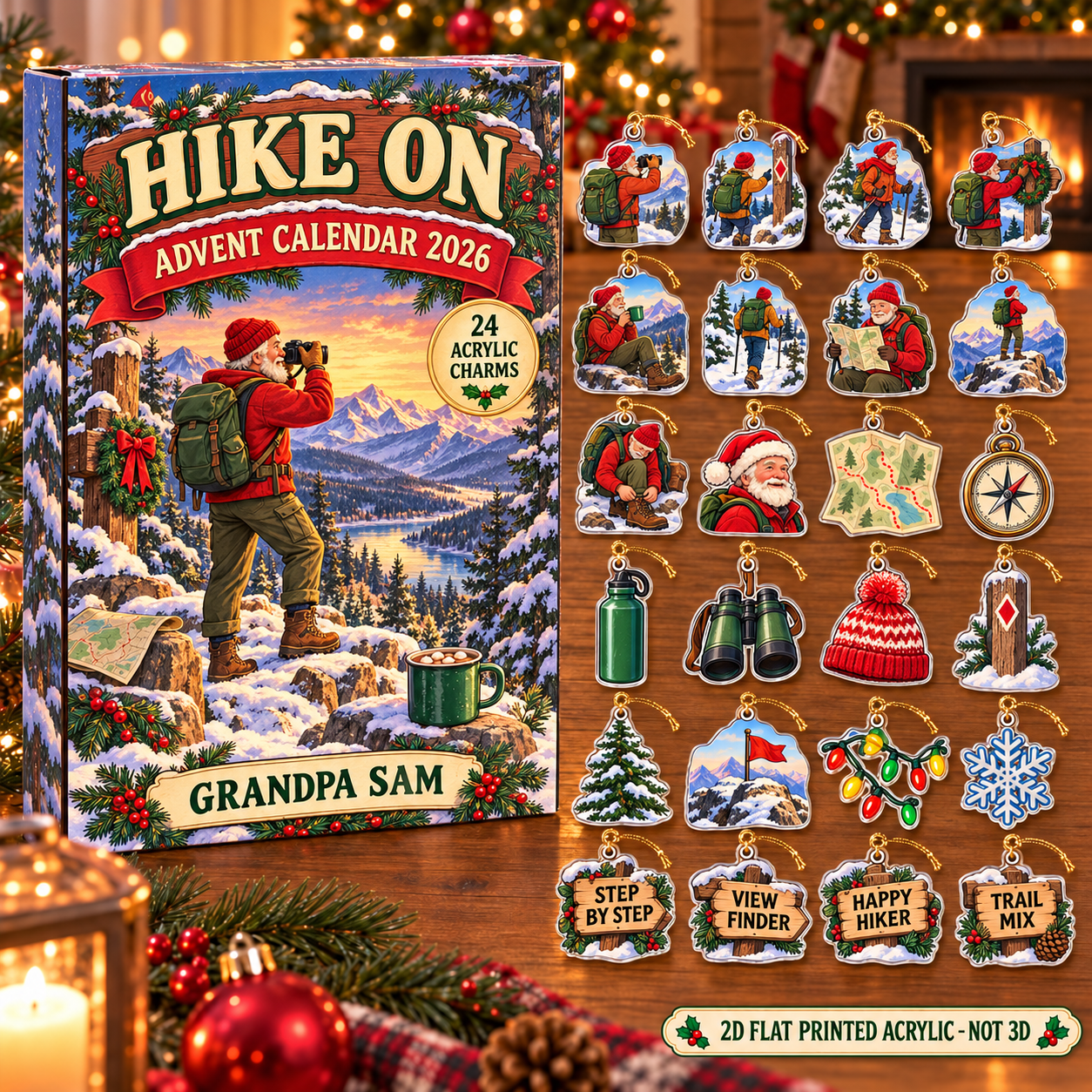 Personalized Hiking Vintage Retro advent calendar box with 24 flat acrylic Christmas charms