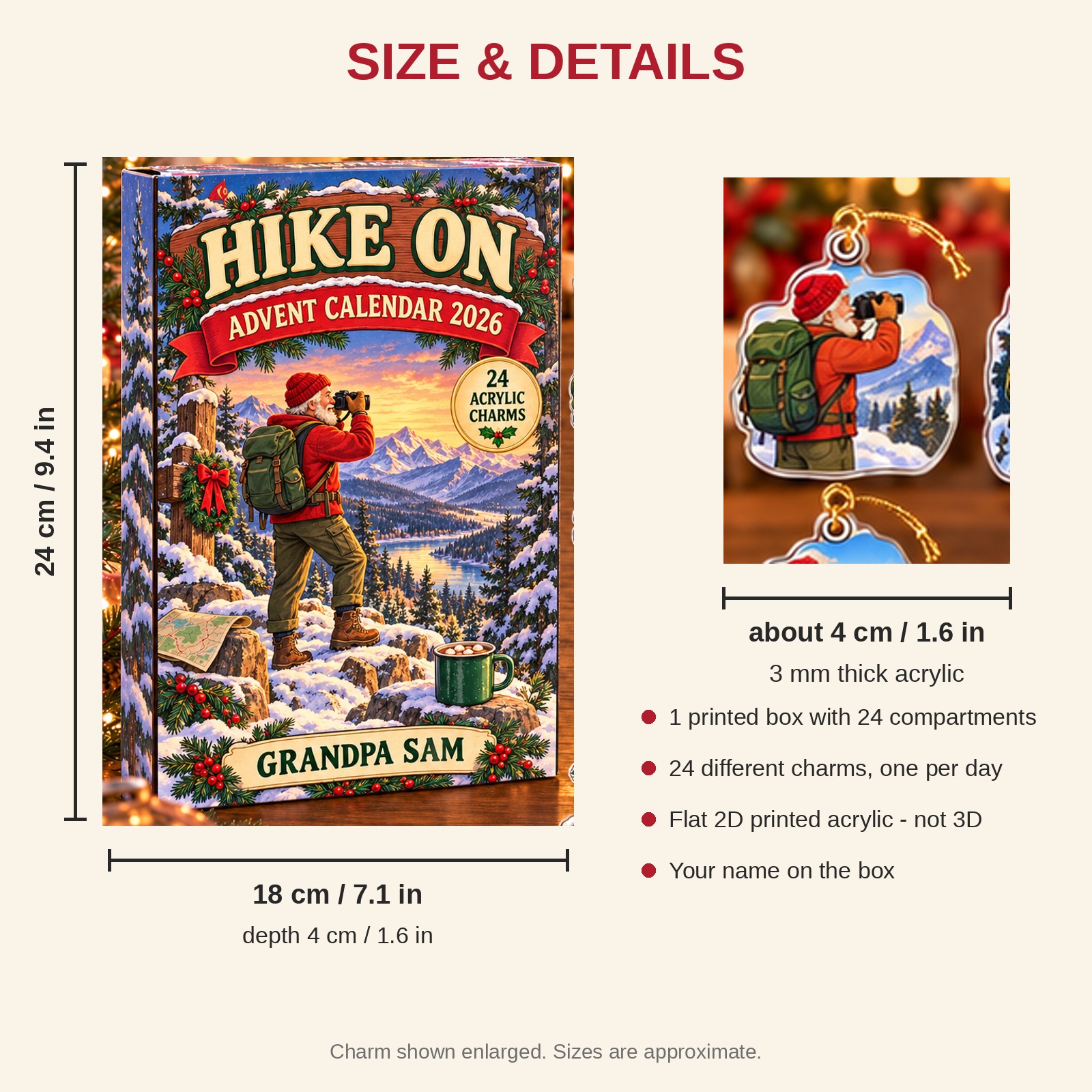 Personalized Hiking Vintage Retro advent calendar box with 24 flat acrylic Christmas charms: box and charm sizes