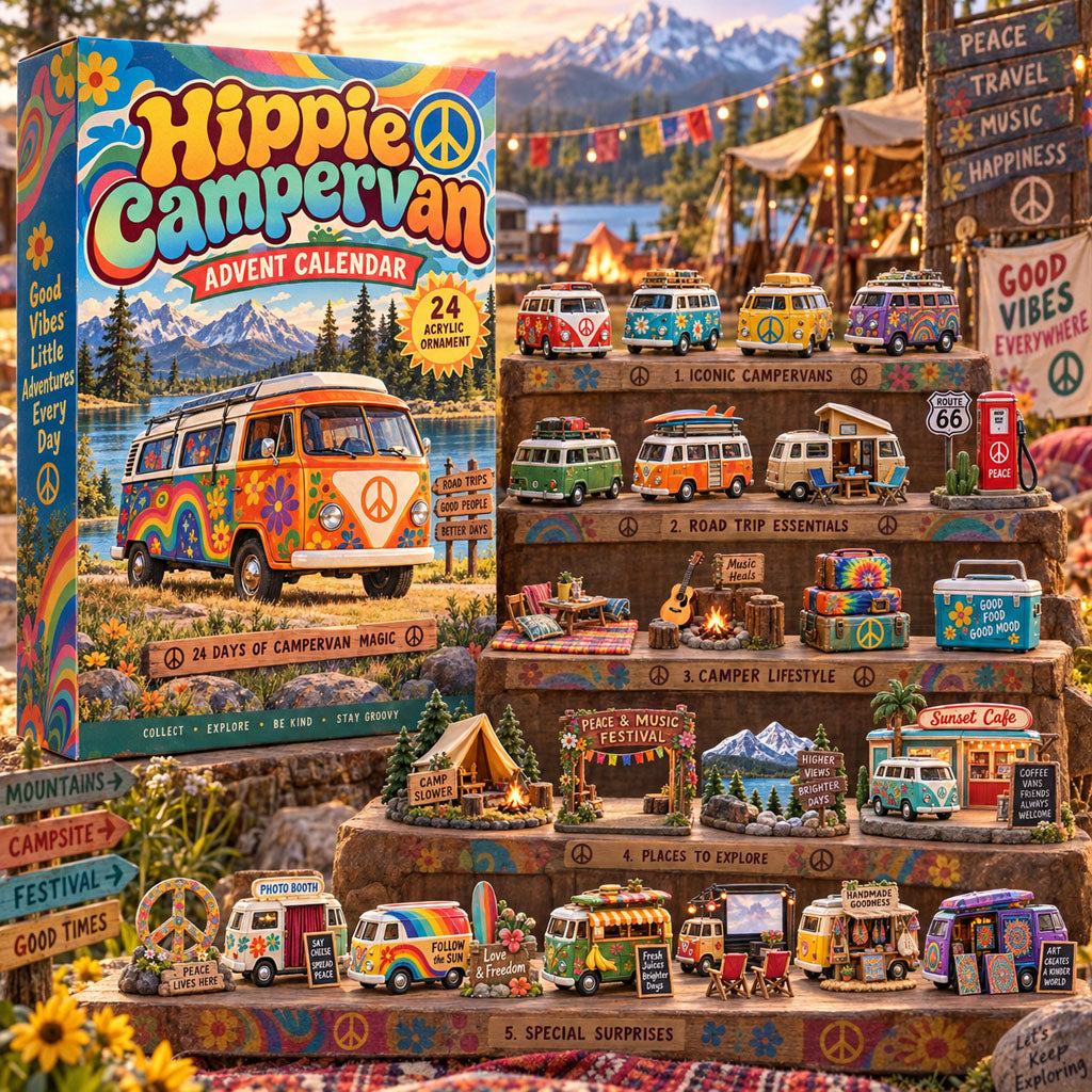 Hippie Campervan advent calendar box with 24 acrylic Christmas charms