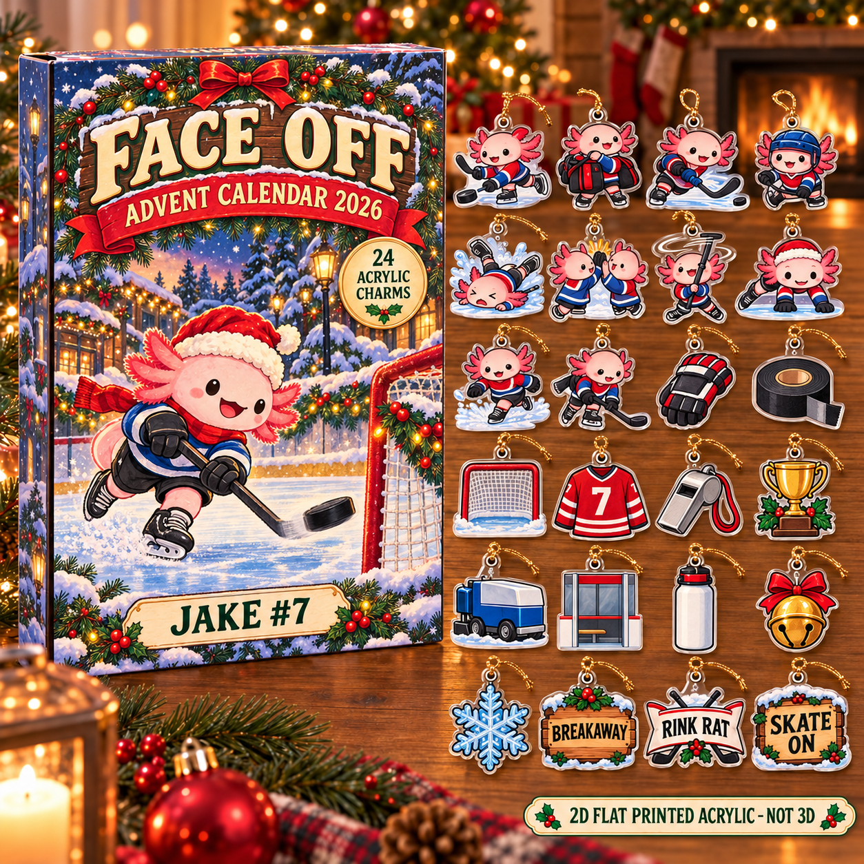 Personalized Hockey Axolotl advent calendar box with 24 flat acrylic Christmas charms