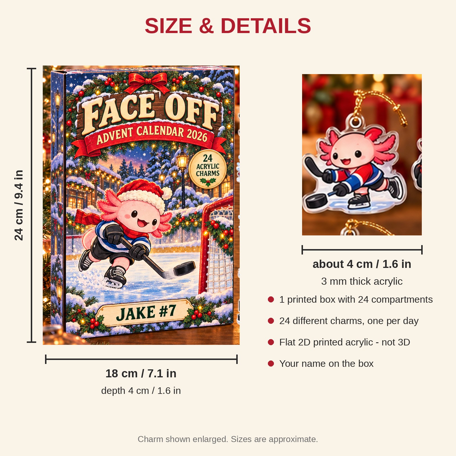 Personalized Hockey Axolotl advent calendar box with 24 flat acrylic Christmas charms: box and charm sizes