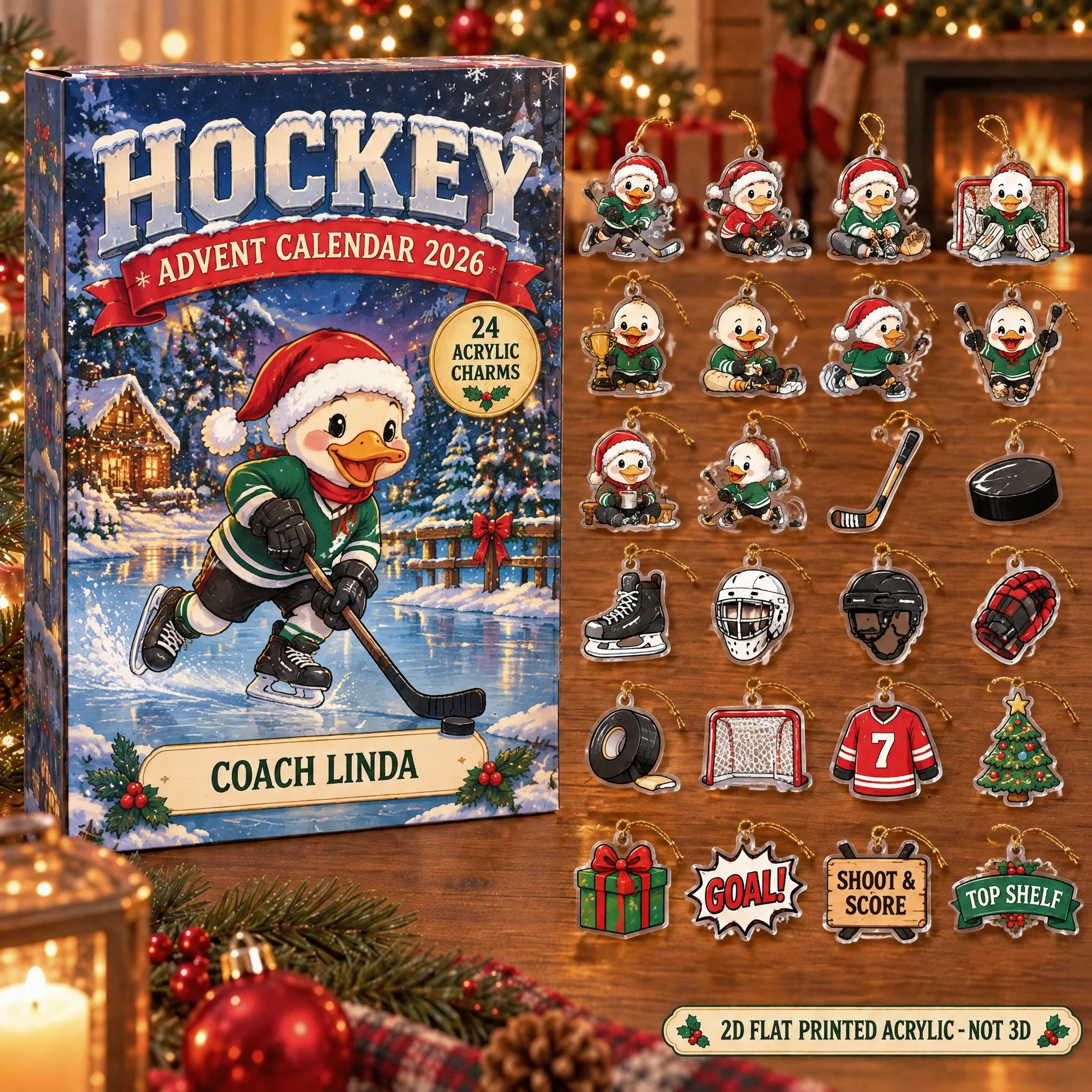 Personalized Hockey Duck advent calendar box with 24 flat acrylic Christmas charms