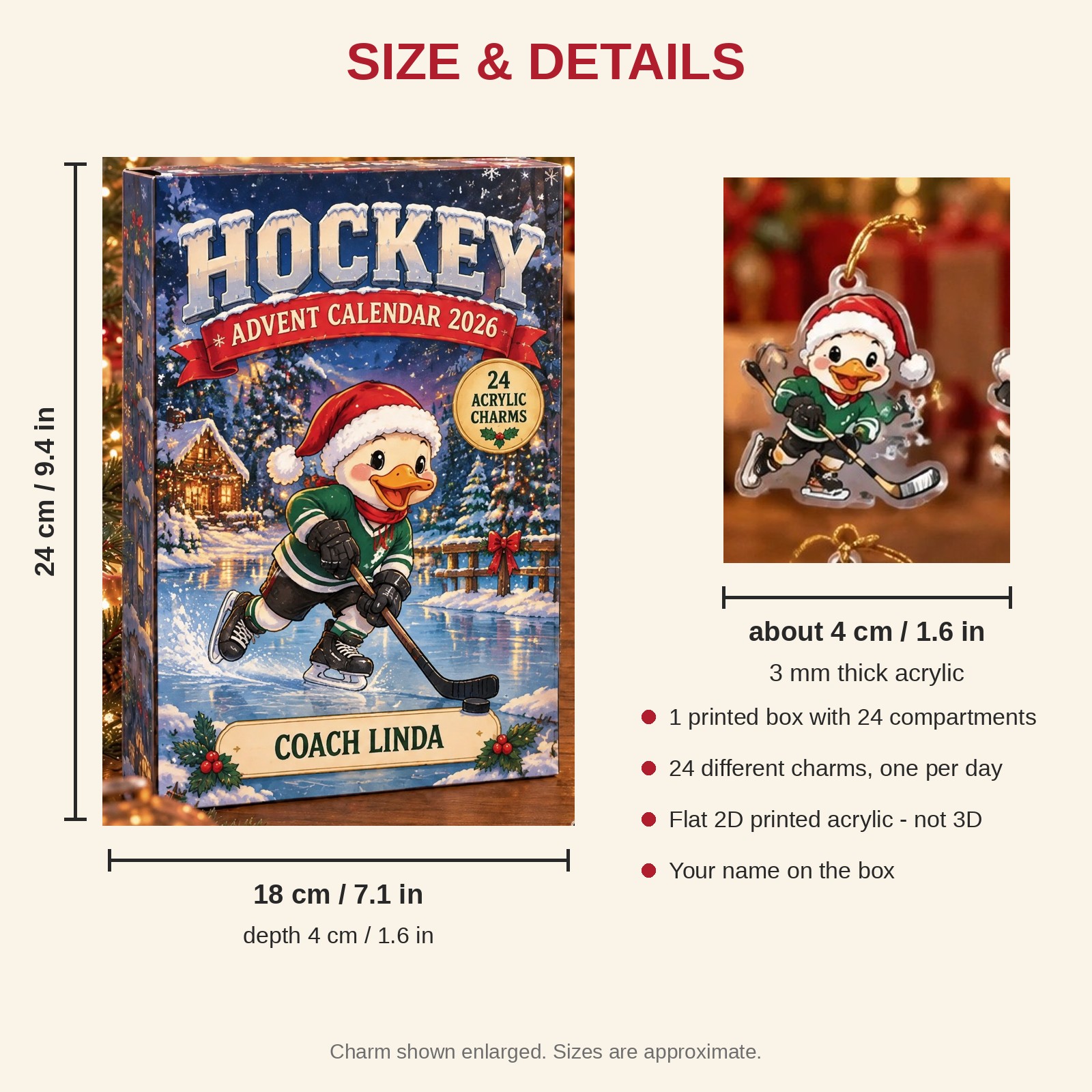 Personalized Hockey Duck advent calendar box with 24 flat acrylic Christmas charms: box and charm sizes