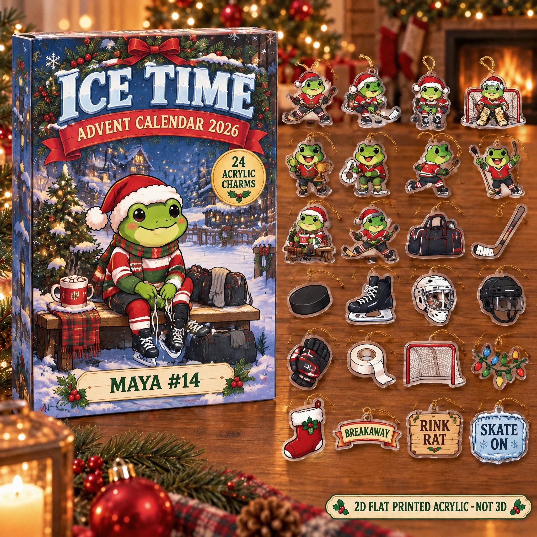 Personalized Hockey Frog advent calendar box with 24 flat acrylic Christmas charms