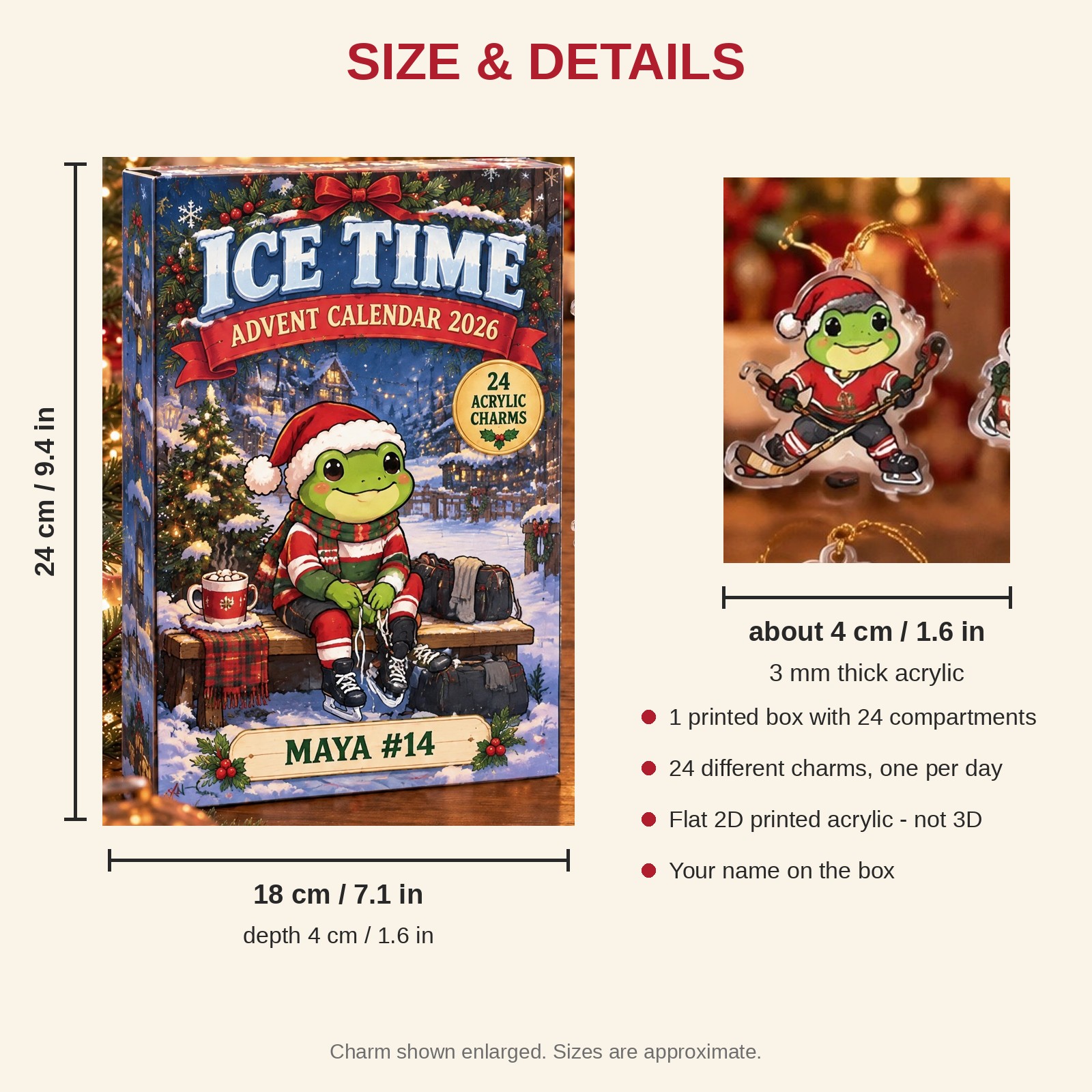 Personalized Hockey Frog advent calendar box with 24 flat acrylic Christmas charms: box and charm sizes