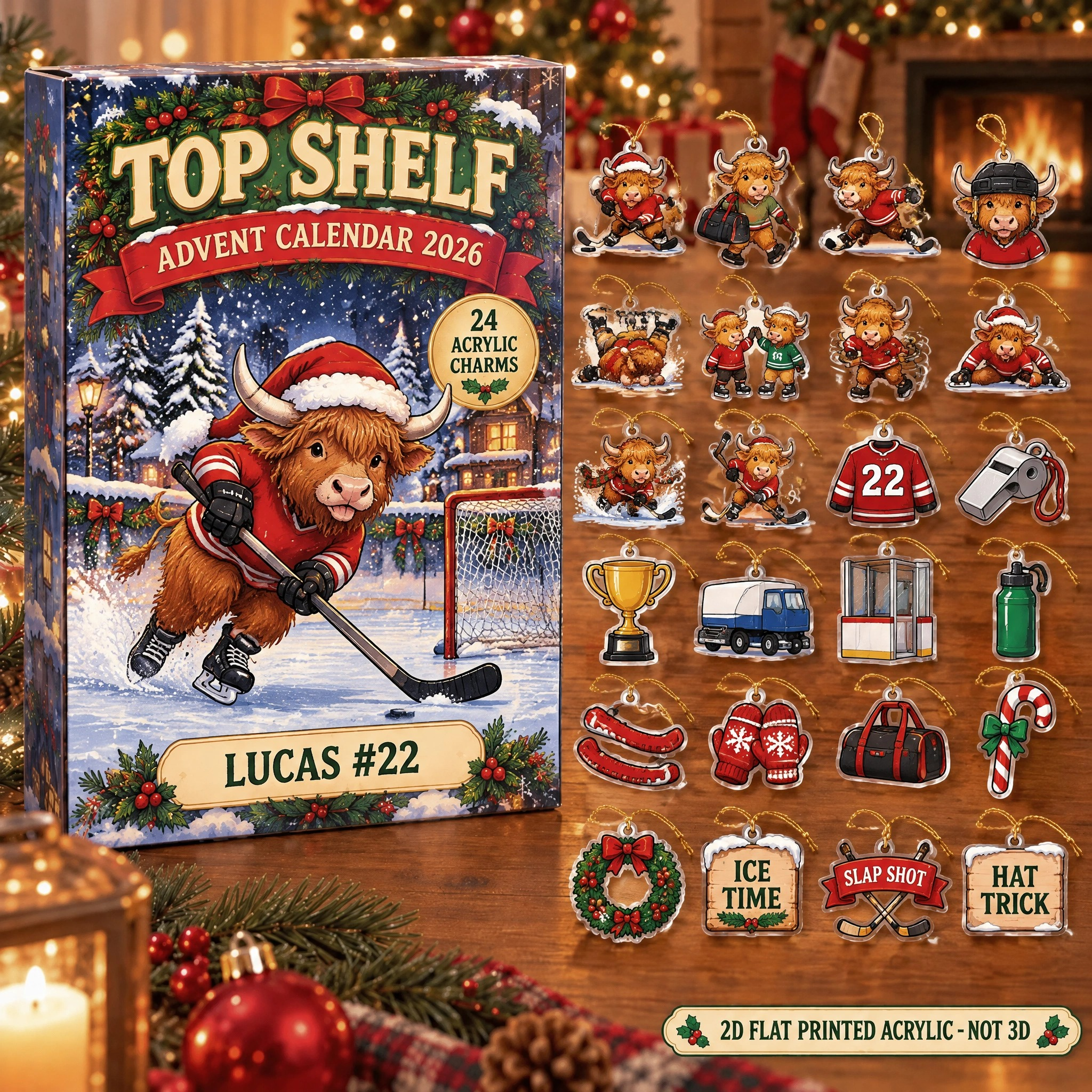 Personalized Hockey Highland Cow advent calendar box with 24 flat acrylic Christmas charms