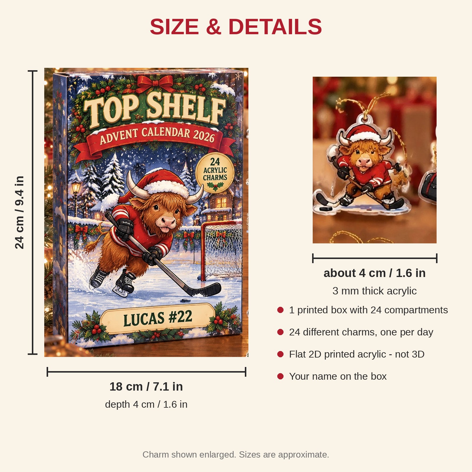 Personalized Hockey Highland Cow advent calendar box with 24 flat acrylic Christmas charms: box and charm sizes