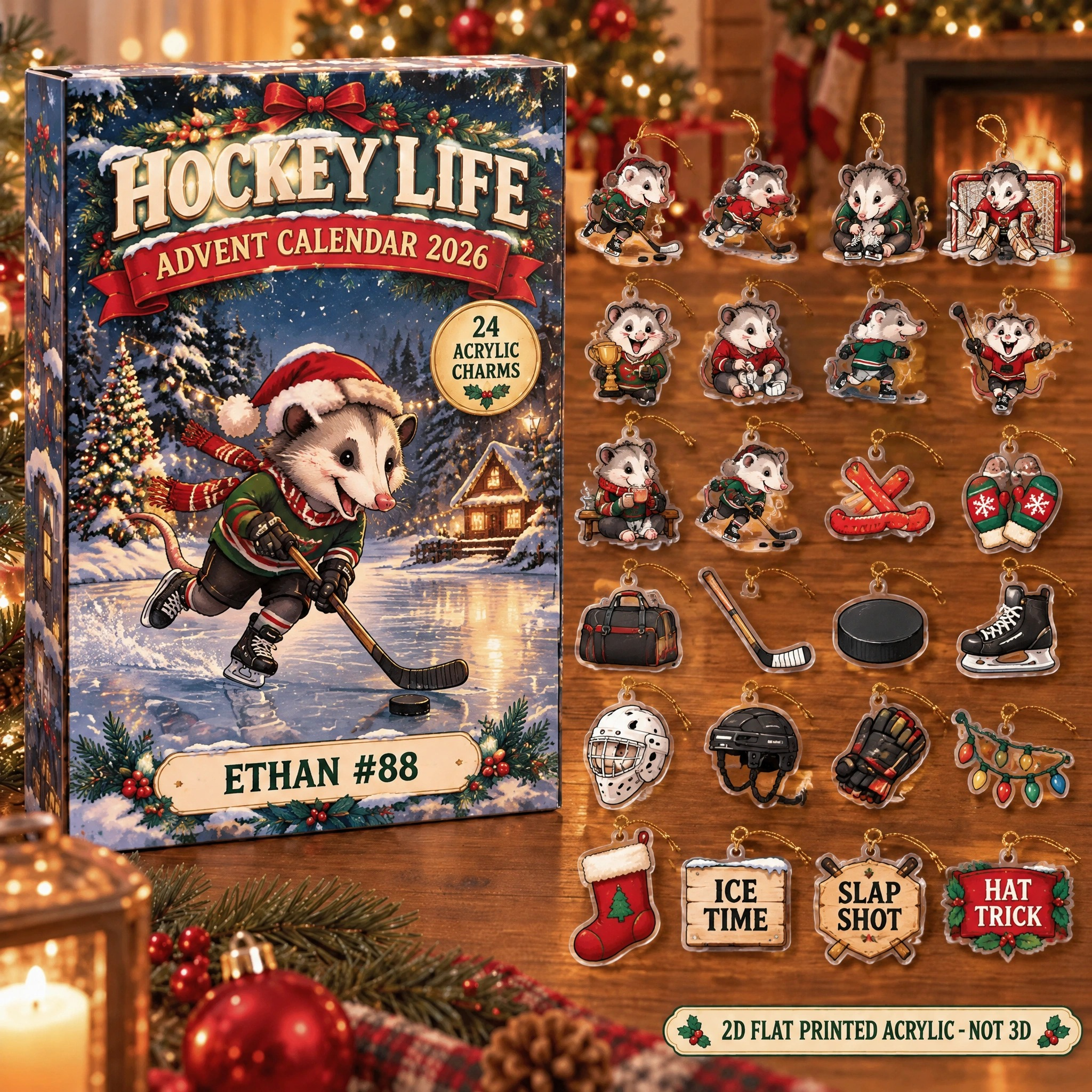 Personalized Hockey Opossum advent calendar box with 24 flat acrylic Christmas charms