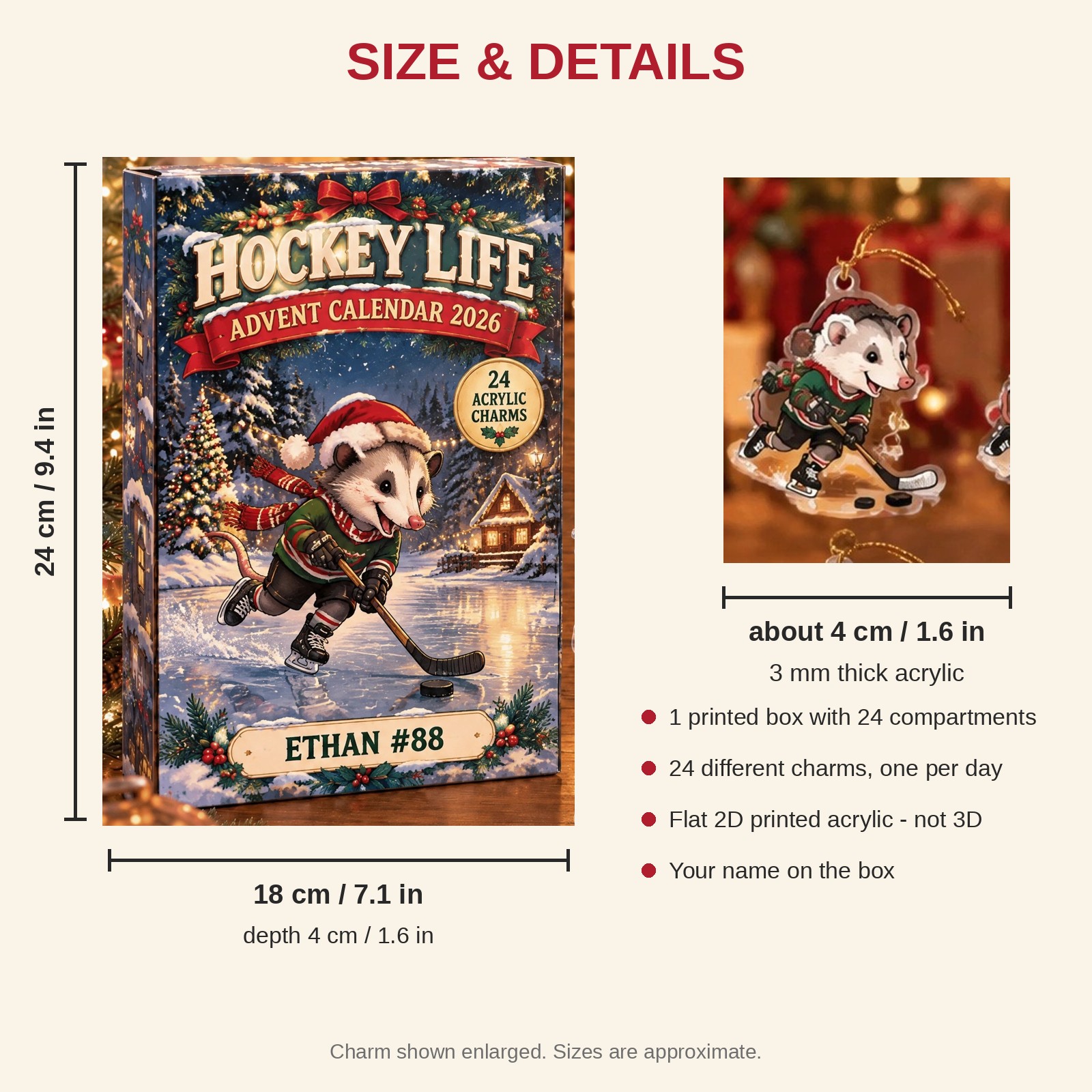 Personalized Hockey Opossum advent calendar box with 24 flat acrylic Christmas charms: box and charm sizes