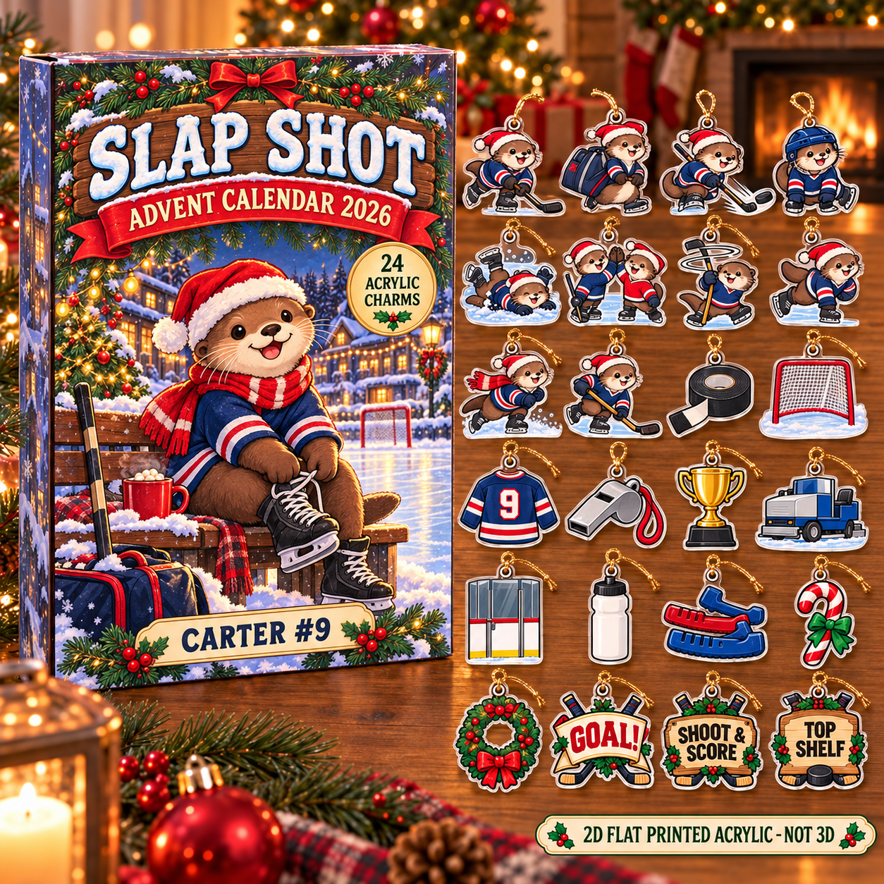 Personalized Hockey Otter advent calendar box with 24 flat acrylic Christmas charms